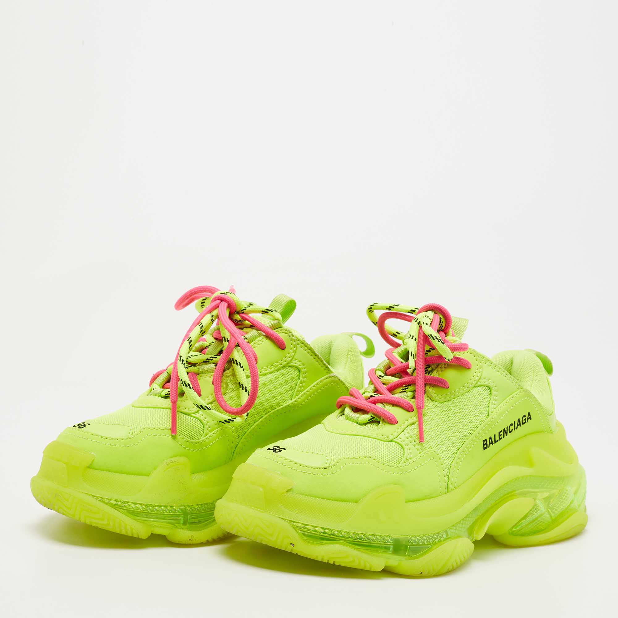 

Balenciaga Neon Green Leather and Mesh Triple S Clear Sneakers Size