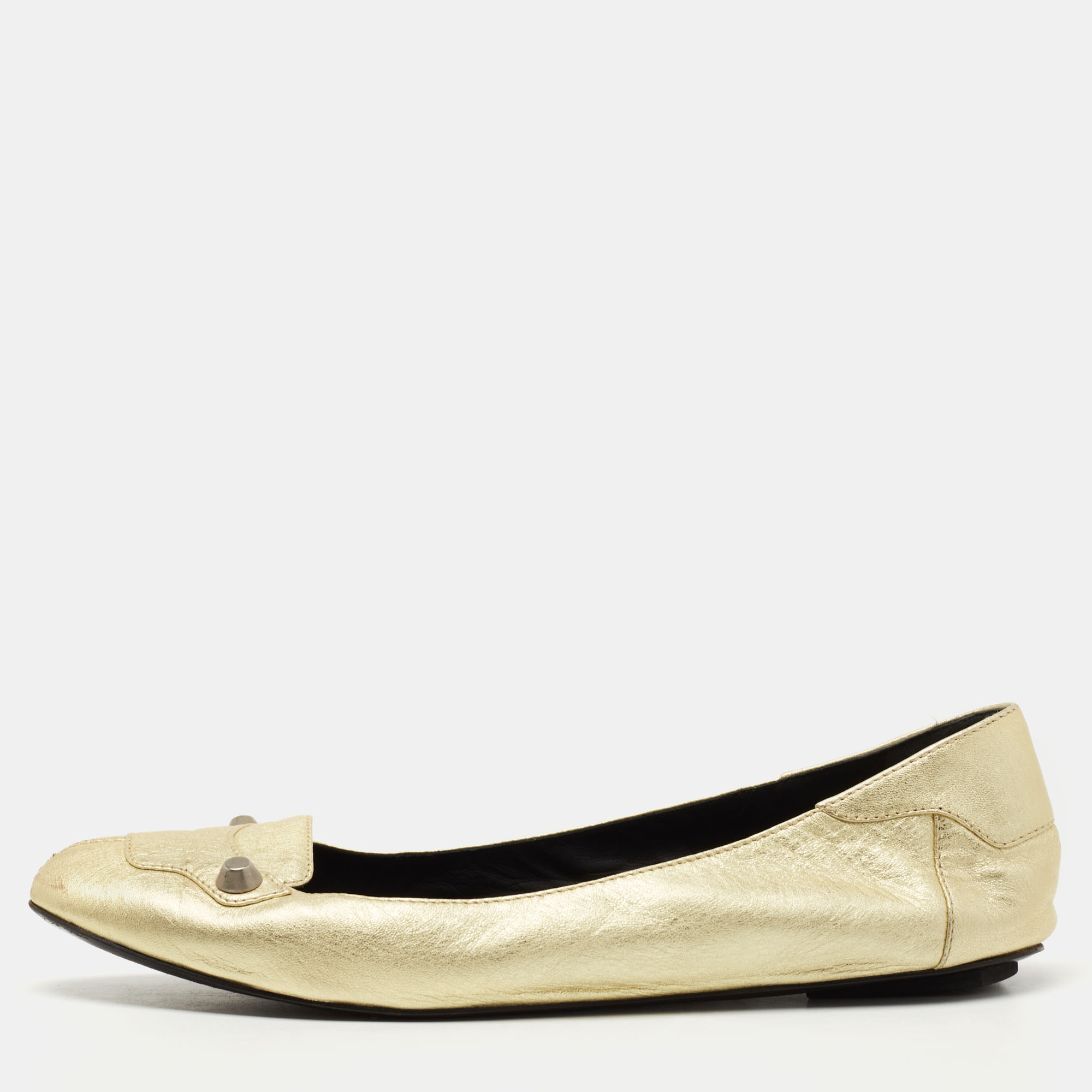 Pre-owned Balenciaga Gold Leather Studded Ballet Flats Size 38