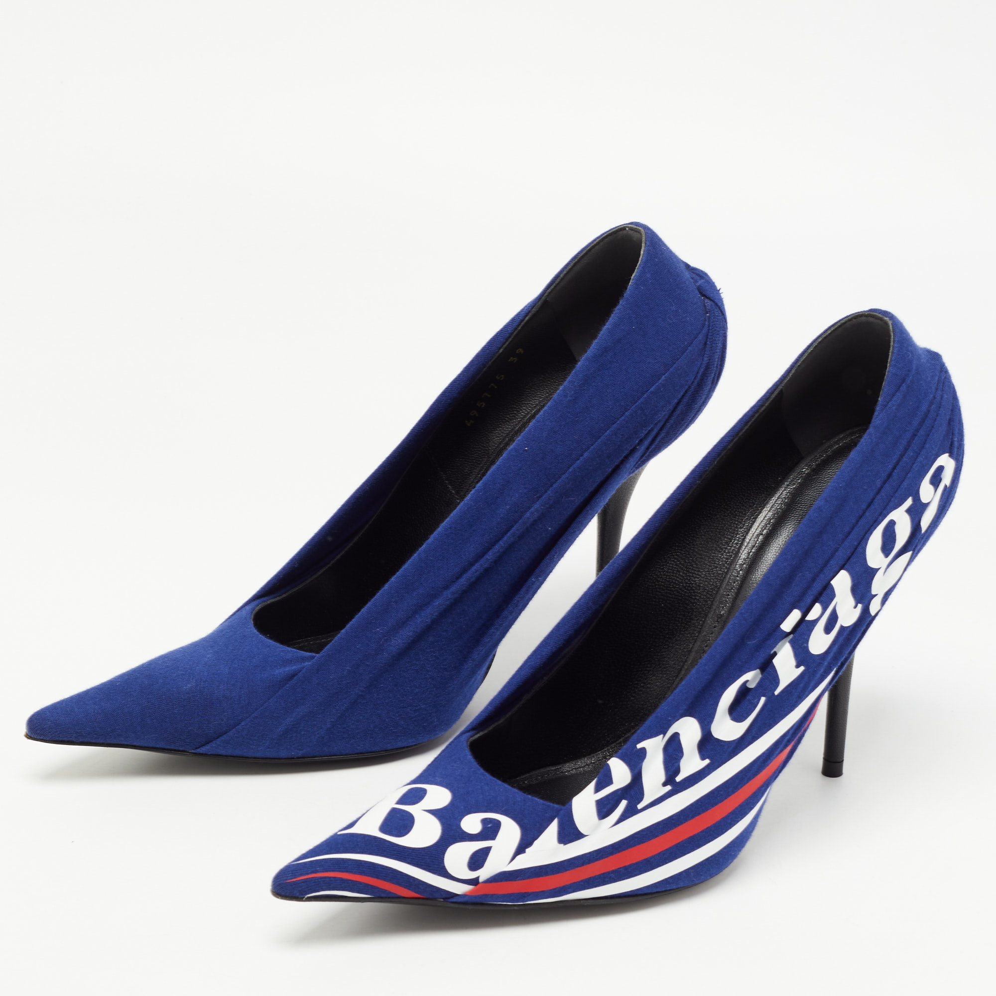 

Balenciaga Blue/Black Logo Print Fabric and Leather Knife Pumps Size