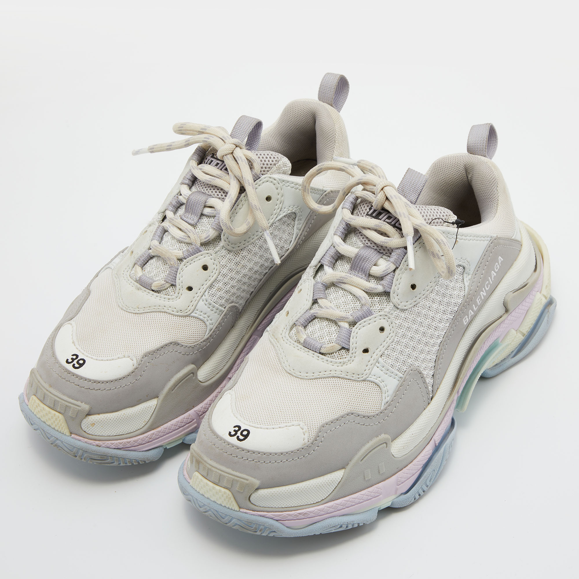 

Balenciaga Off White/Grey Mesh and Nubuck Triple S Lace Up Sneakers Size