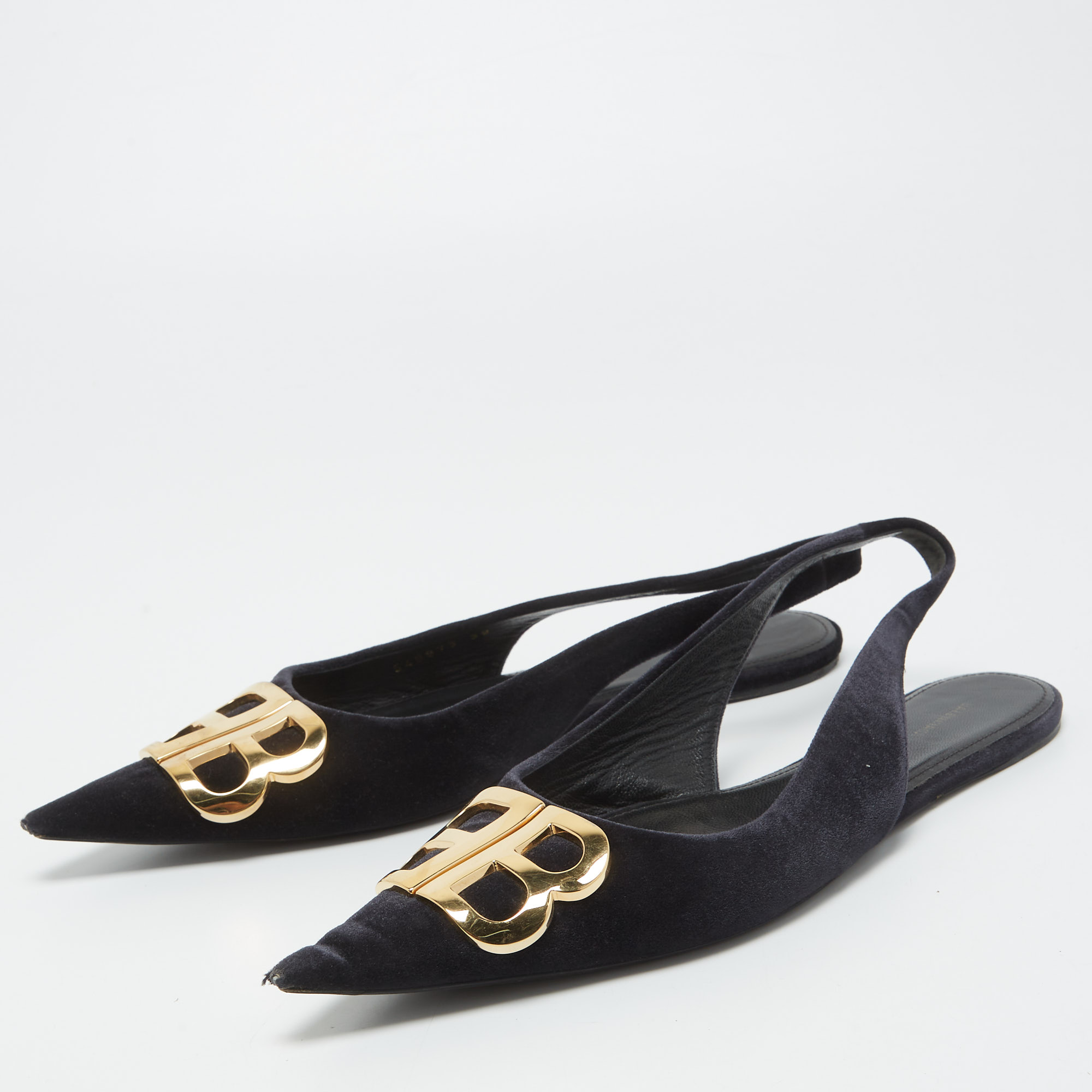 

Balenciaga Black Velvet BB Pointed Toe Slingback Flats Size