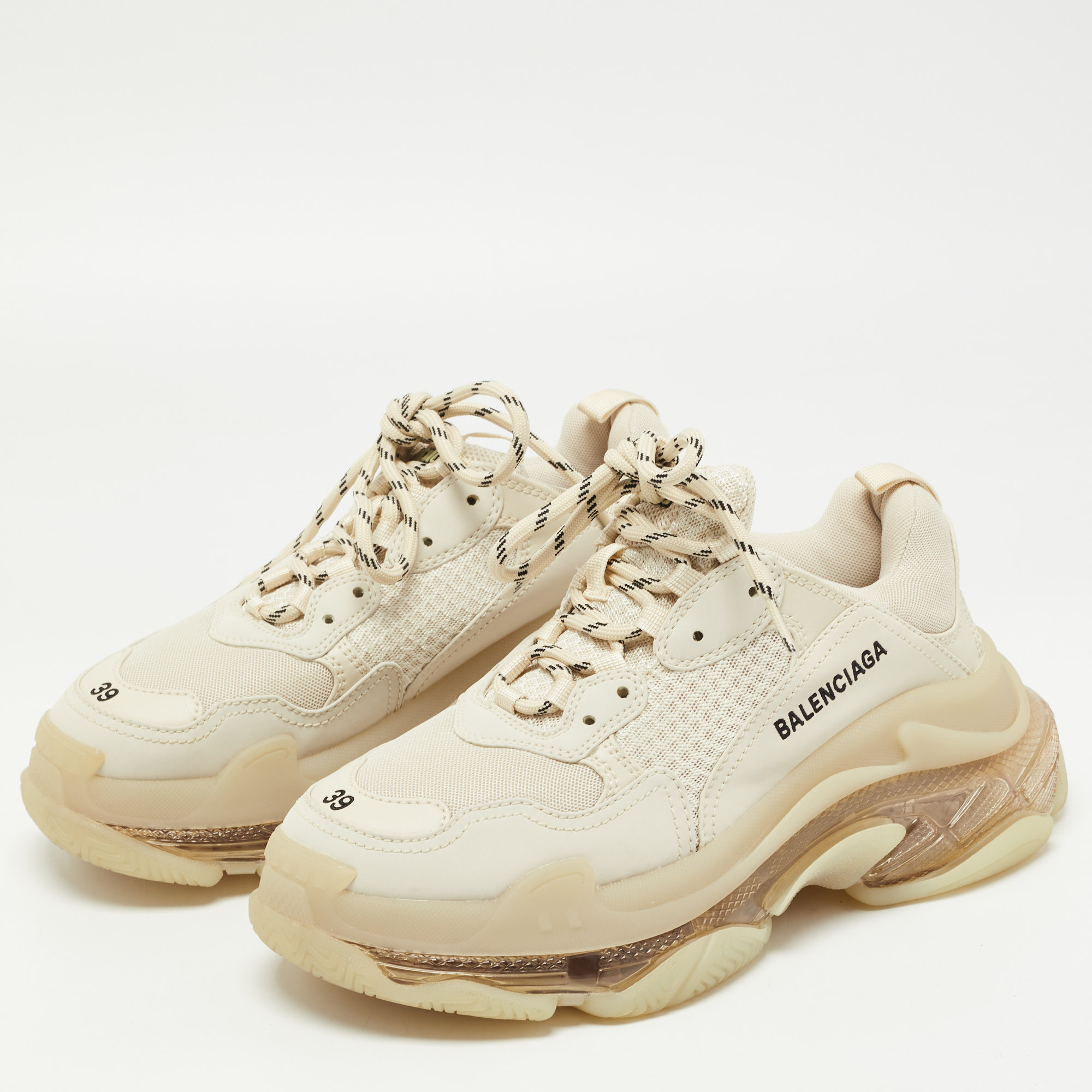 

Balenciaga Cream Nubuck Leather and Mesh Triple S Clear Sneakers Size