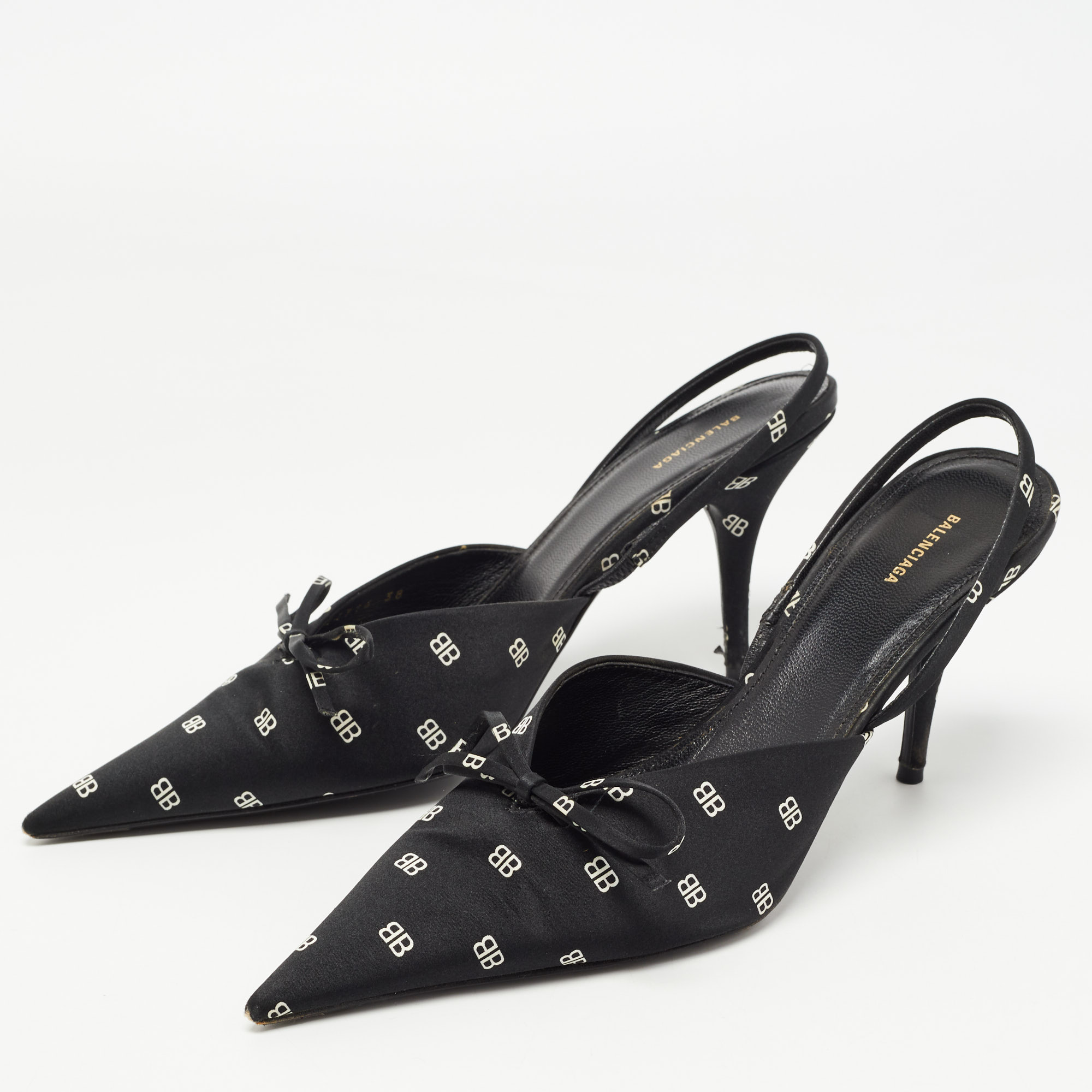 

Balenciaga Black BB Logo Print Satin Bow Knife Slingback Pumps Size