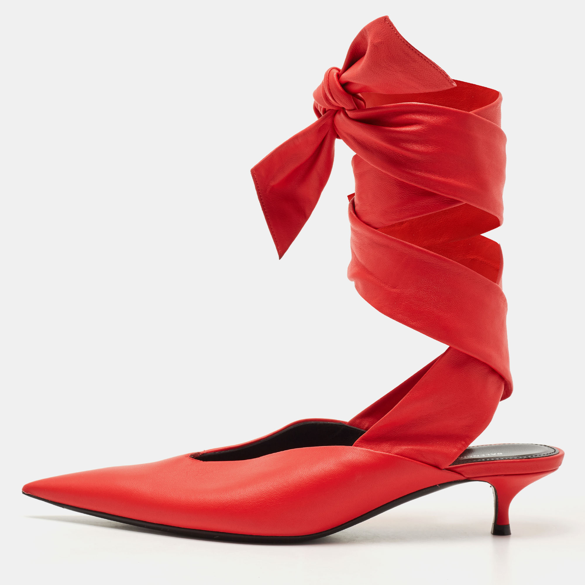 

Balenciaga Red Leather Knife Pointed Toe Ankle Wrap Pumps Size