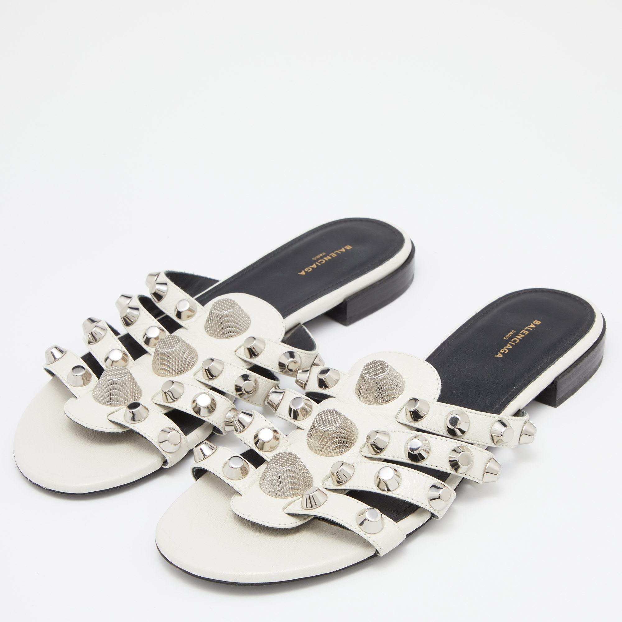 

Balenciaga White Leather Arena Studded Strappy Flat Sandals Size