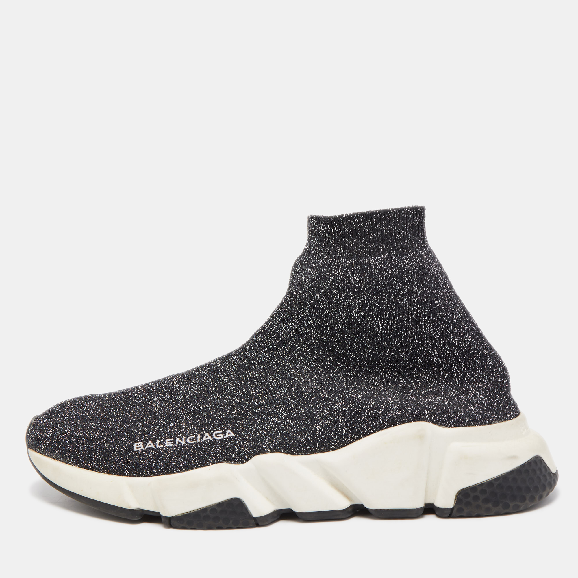 Pre-owned Balenciaga Grey/silver Glitter Knit Fabric Speed Trainer