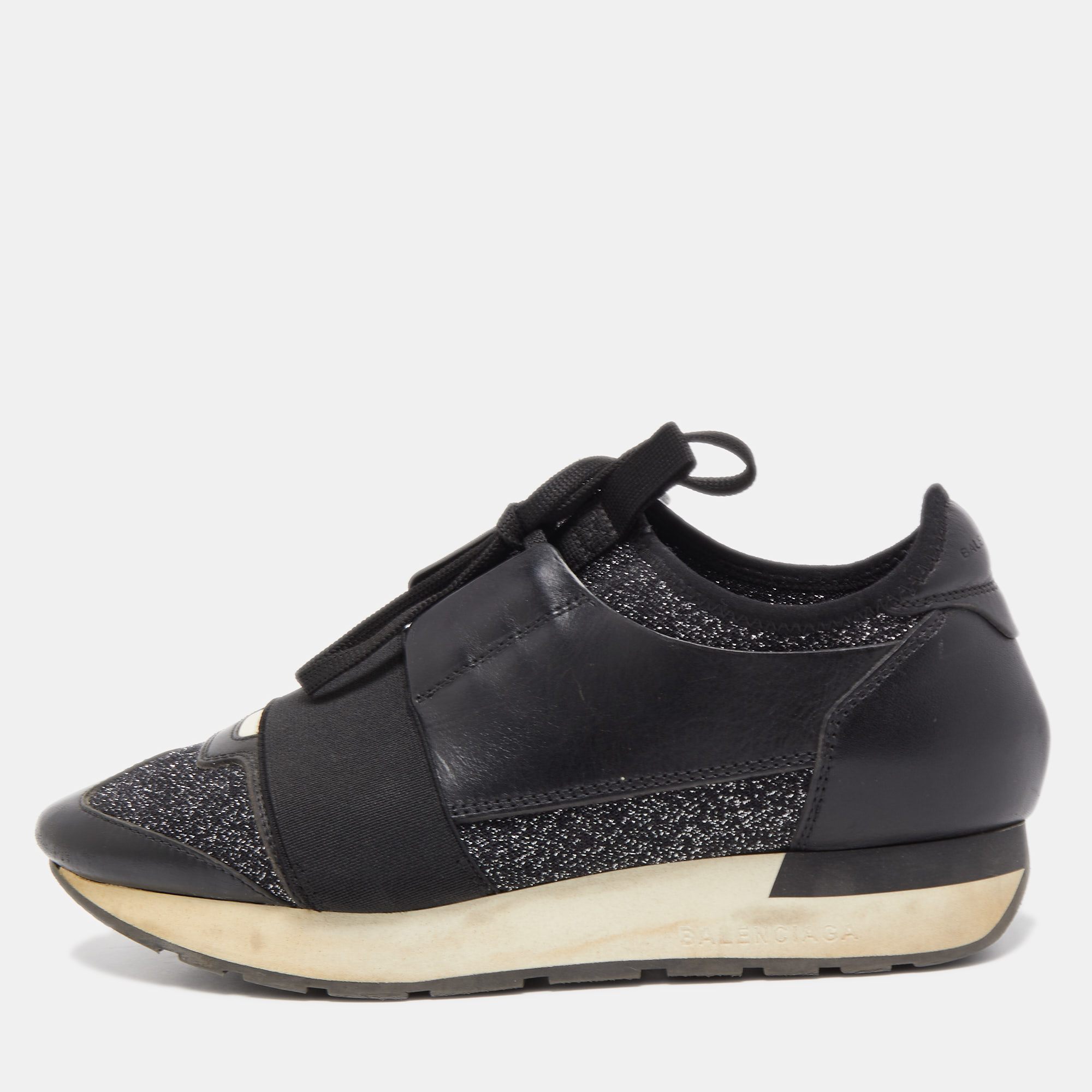 

Balenciaga Black Leather and Metallic Fabric Race Runner Sneakers Size