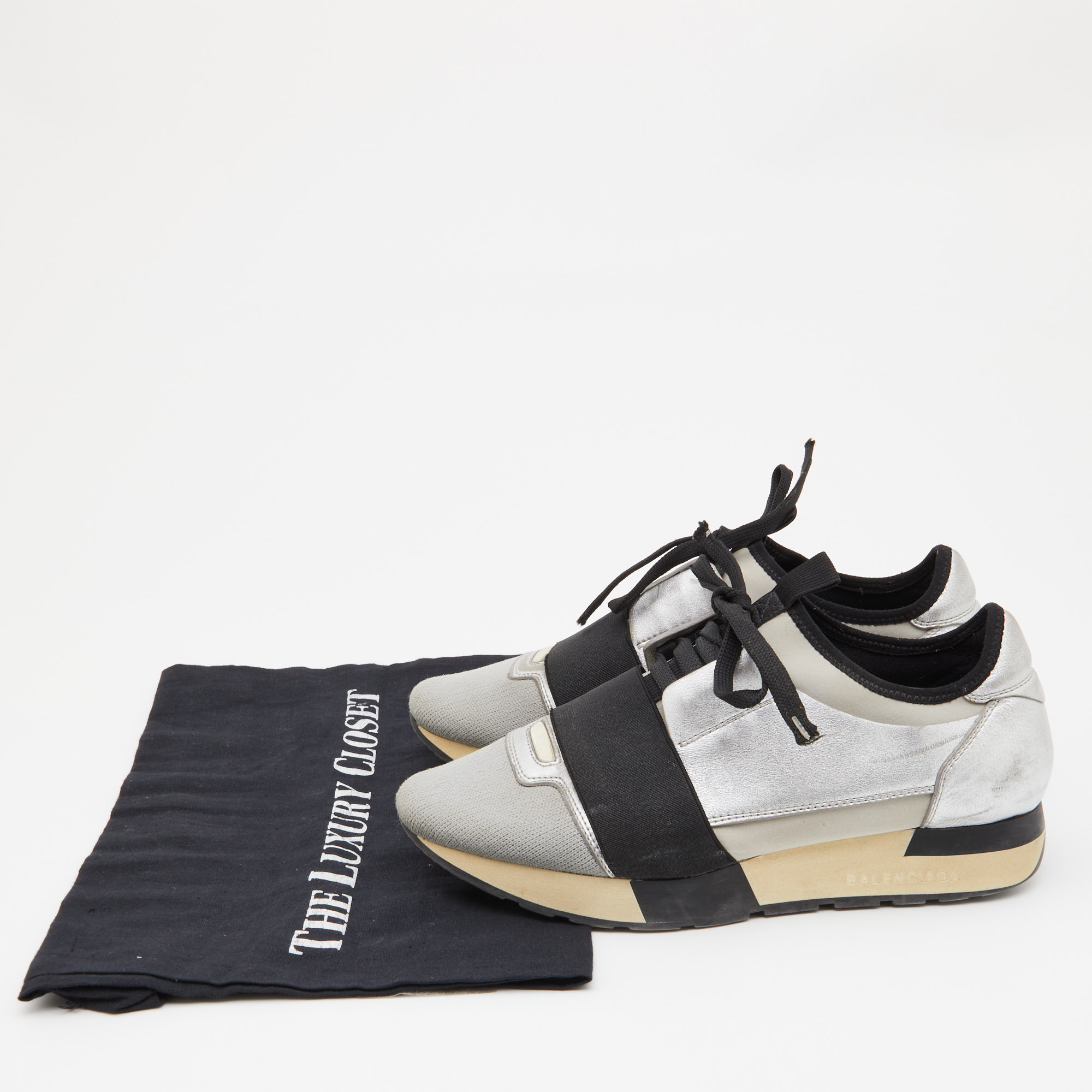 Balenciaga Grey/Silver Leather and Fabric Race Runner Sneakers Size 37 