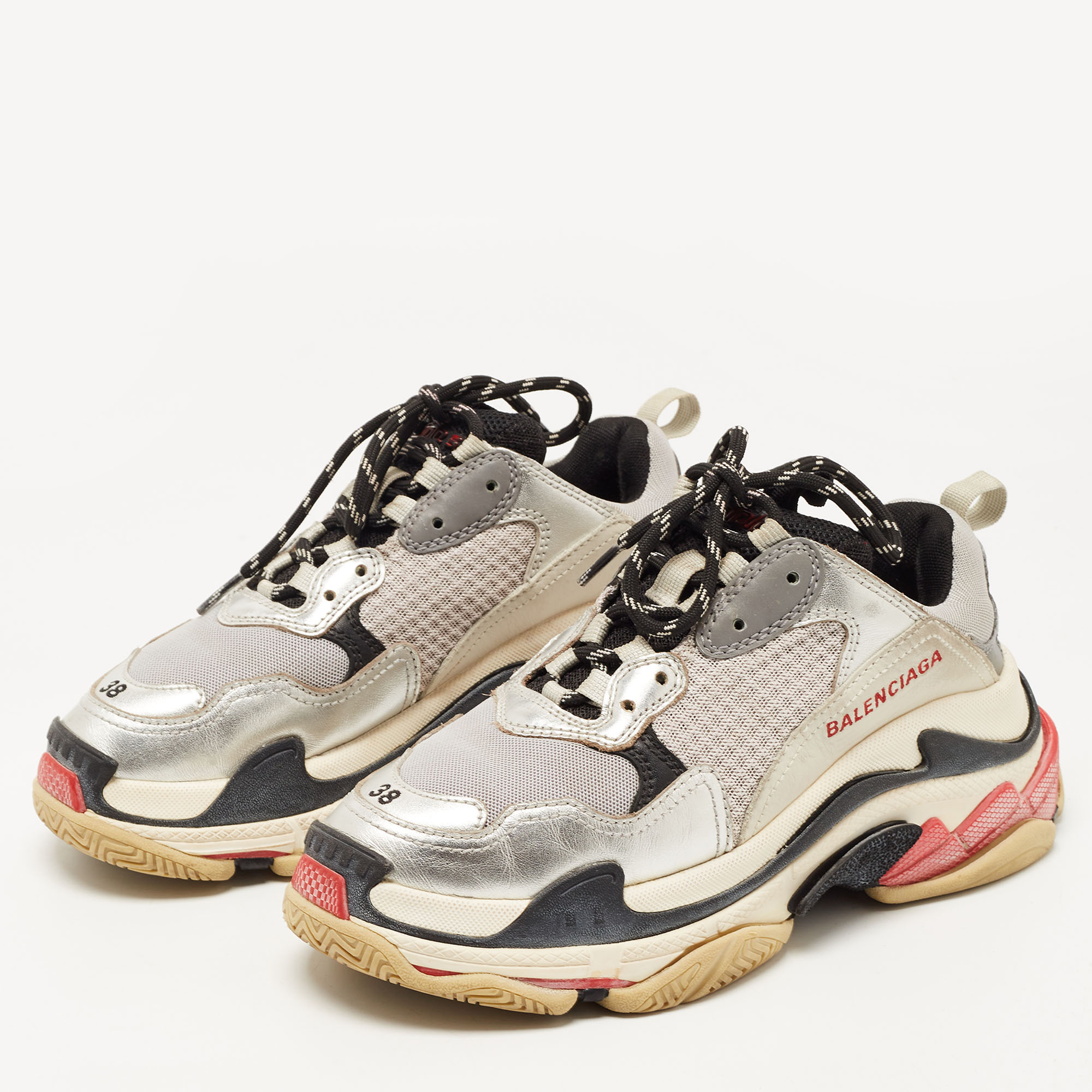 

Balenciaga Silver/Grey Leather and Mesh Triple S Sneakers Size