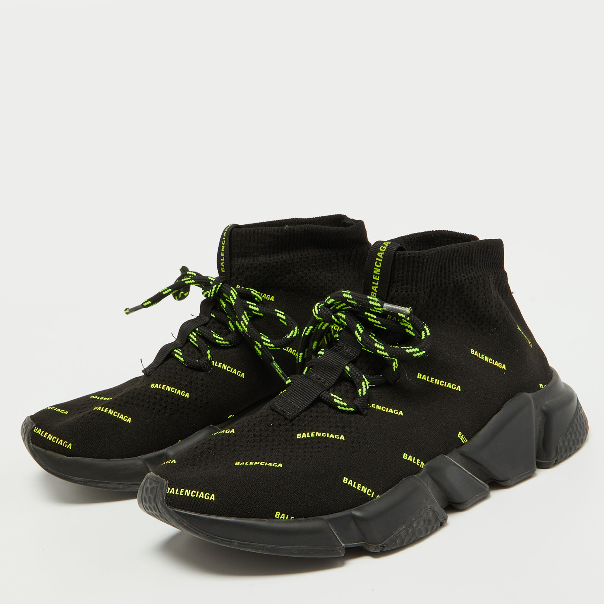 

Balenciaga Black/Neon Green Logo Print Knit Fabric Speed Trainer Sneakers Size