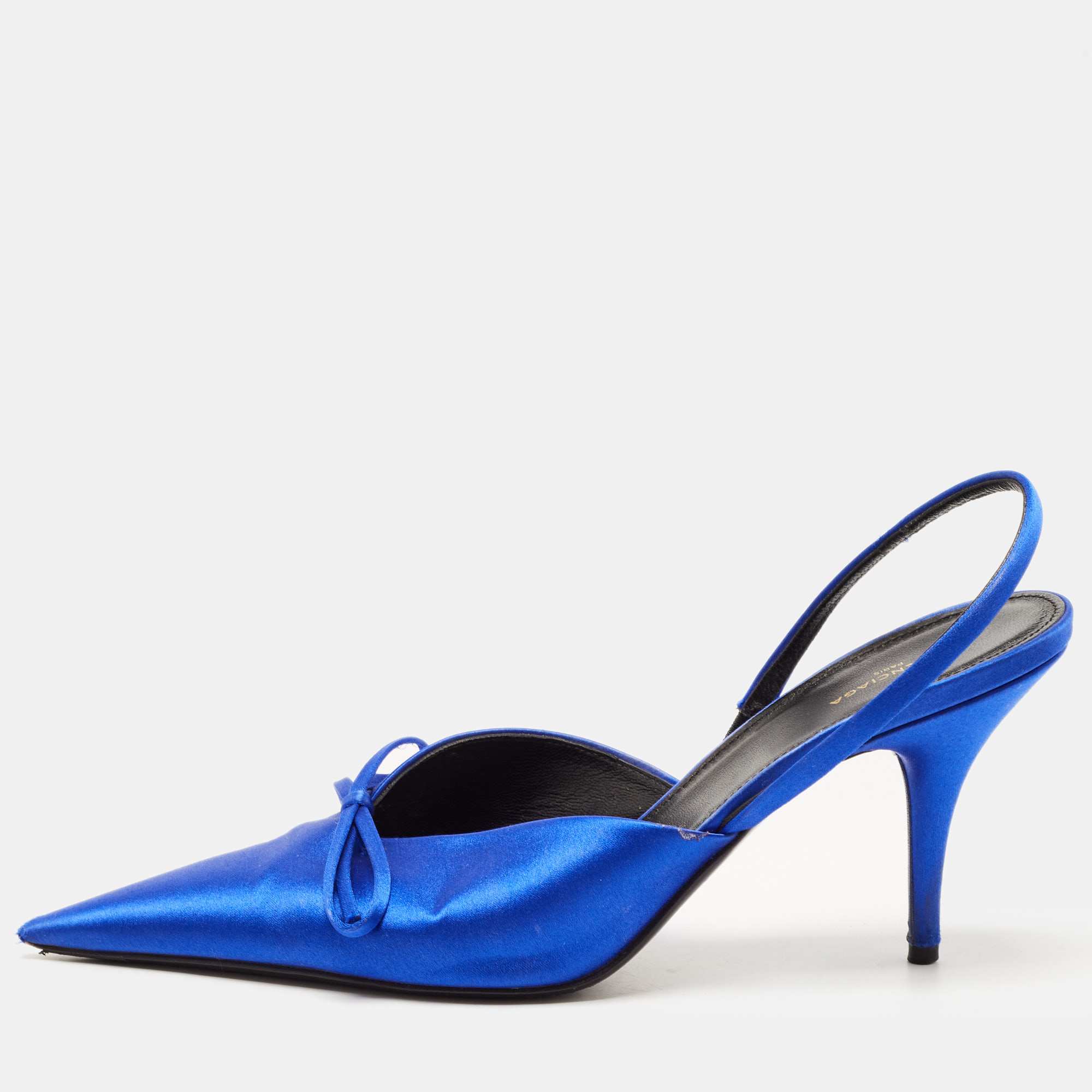Pre-owned Balenciaga Navy Blue Satin Knife Bow Pointed Toe Slingback Pumps Size 38