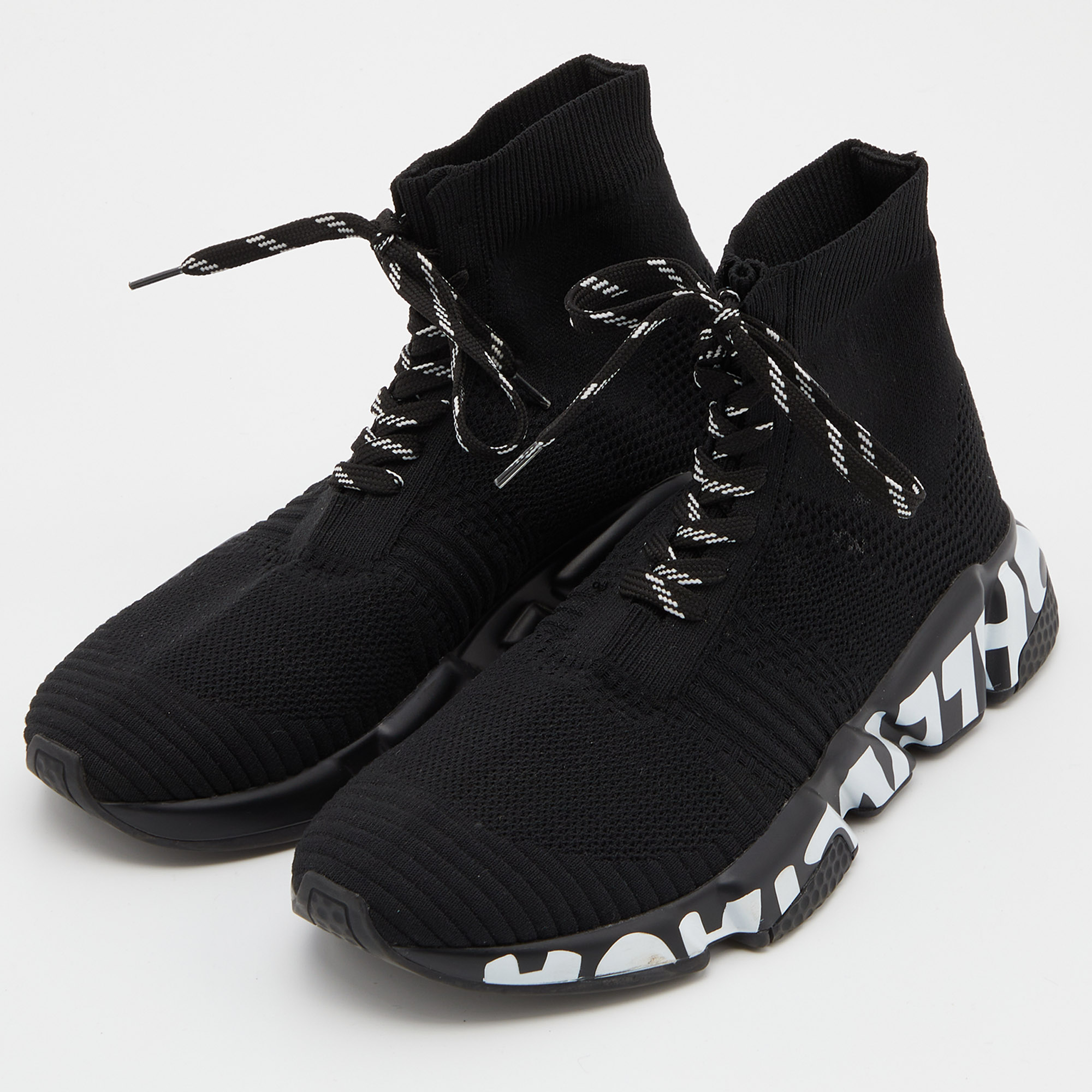 

Balenciaga Black Knit Fabric Graffiti Speed Trainer Lace Sneakers Size