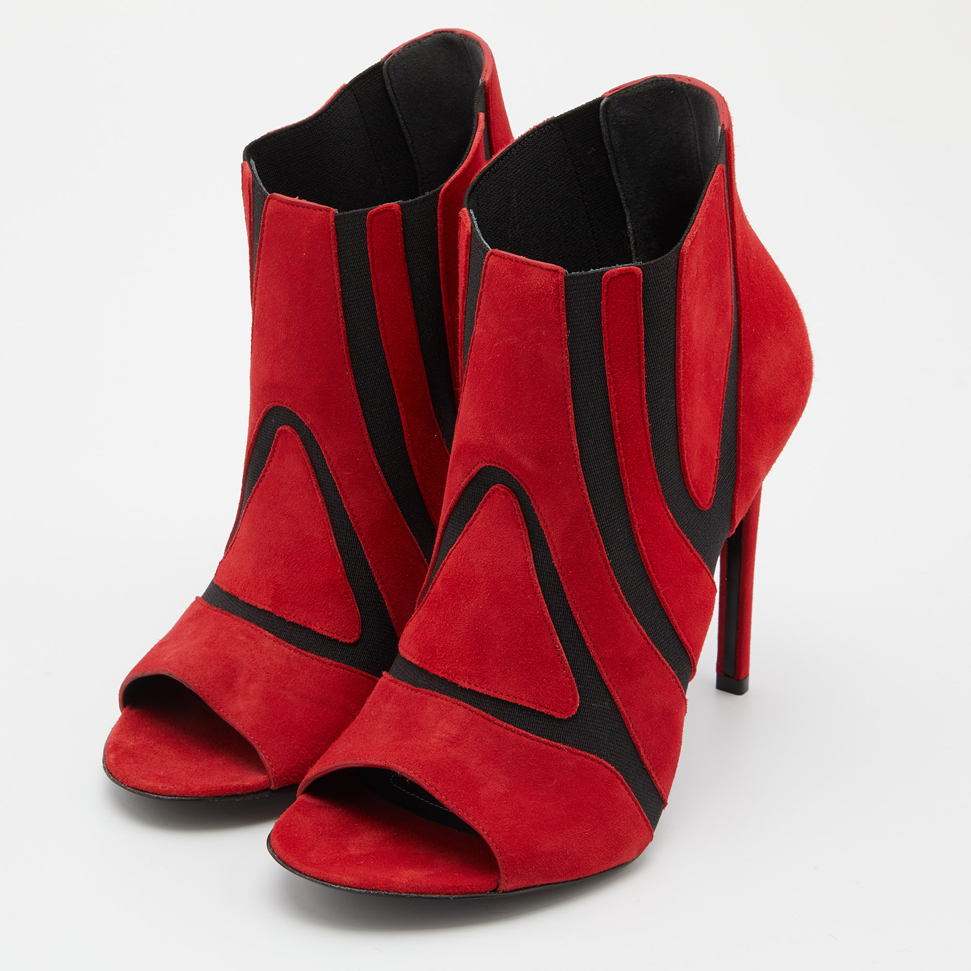

Balenciaga Red/Black Suede and Stretch Fabric Open Toe Booties Size