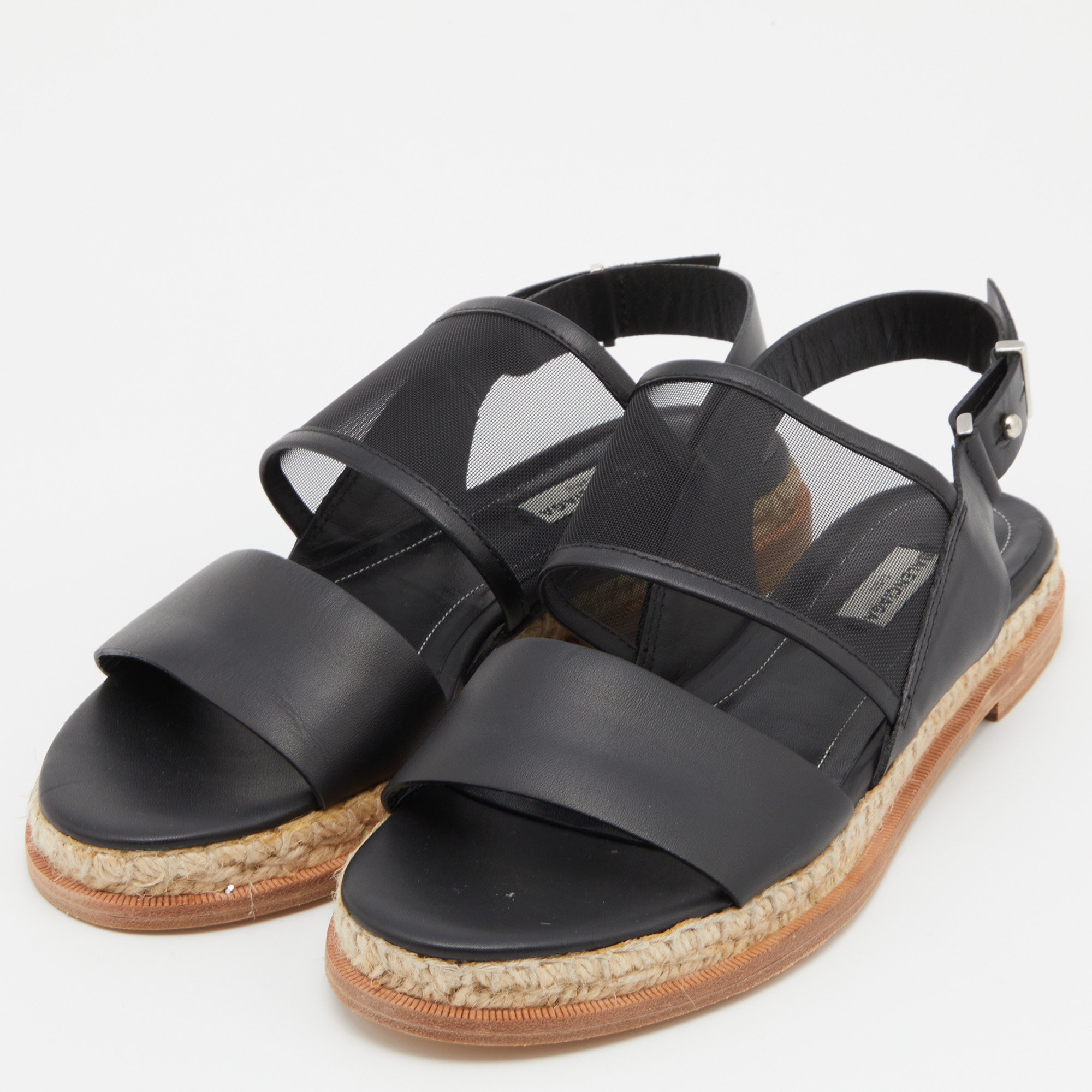 

Balenciaga Black Leather and Mesh Espadrille Ankle Flat Sandals Size