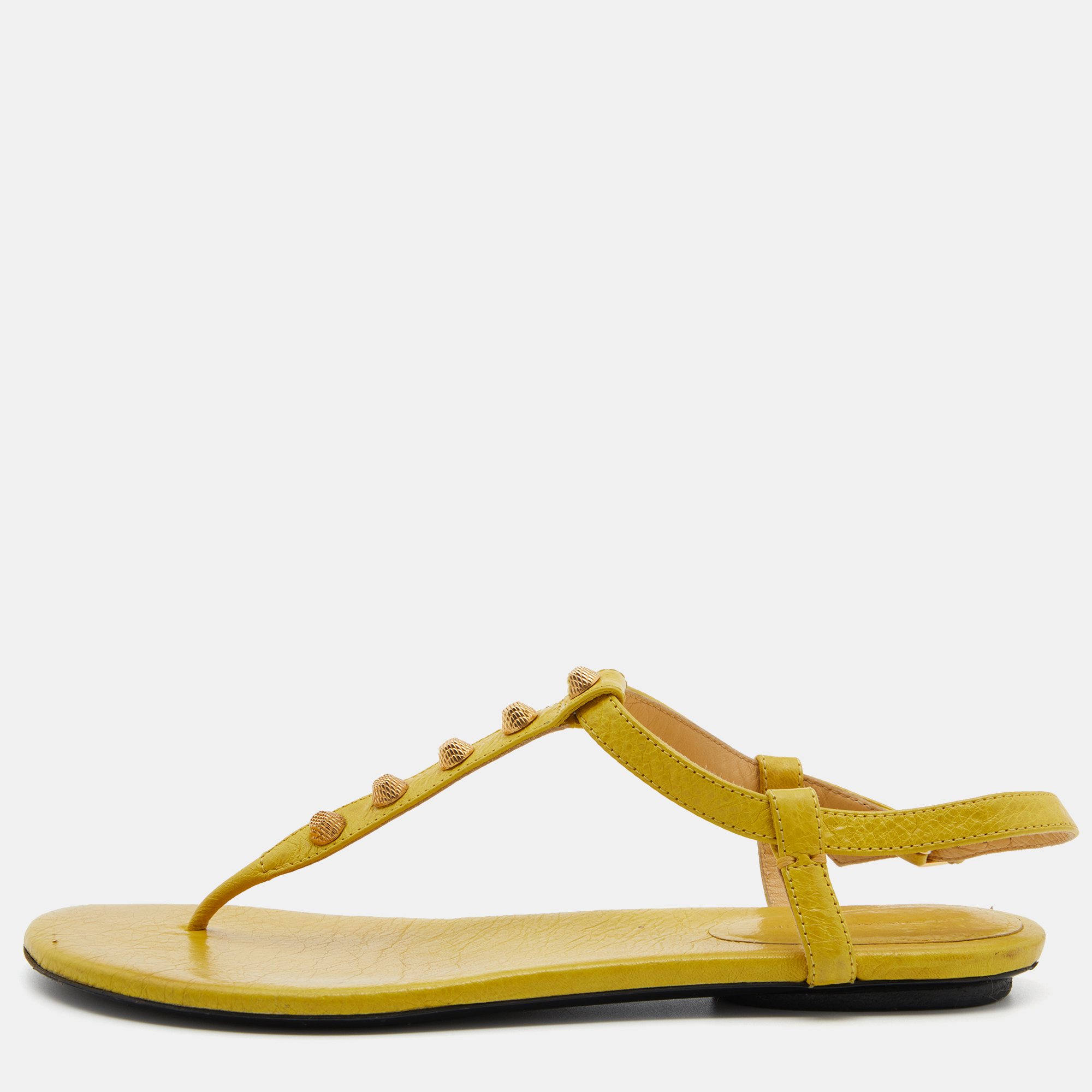 Pre-owned Balenciaga Yellow Leather Arena Studded Thong Sandals Size 40