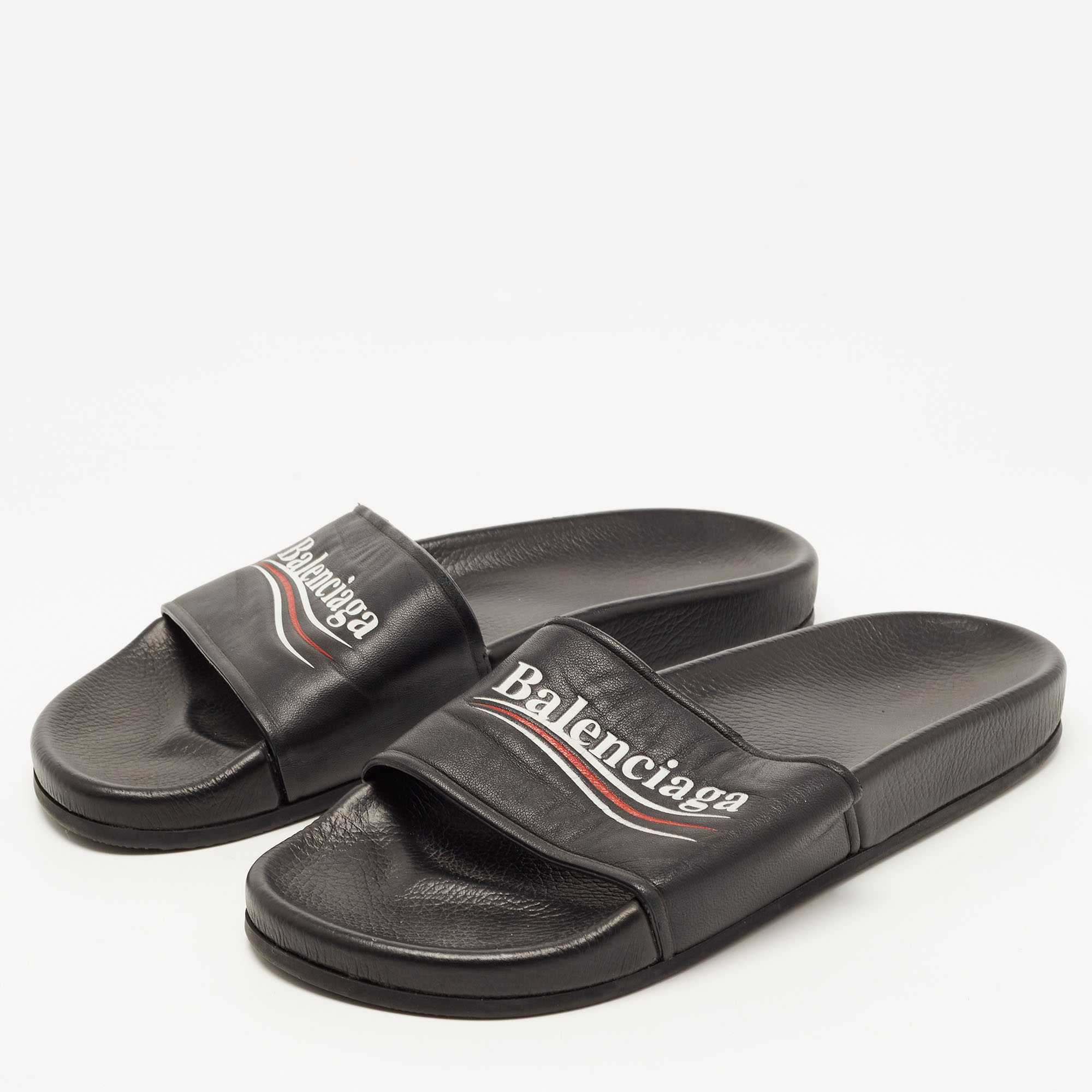 

Balenciaga Black Leather Logo Slides Size