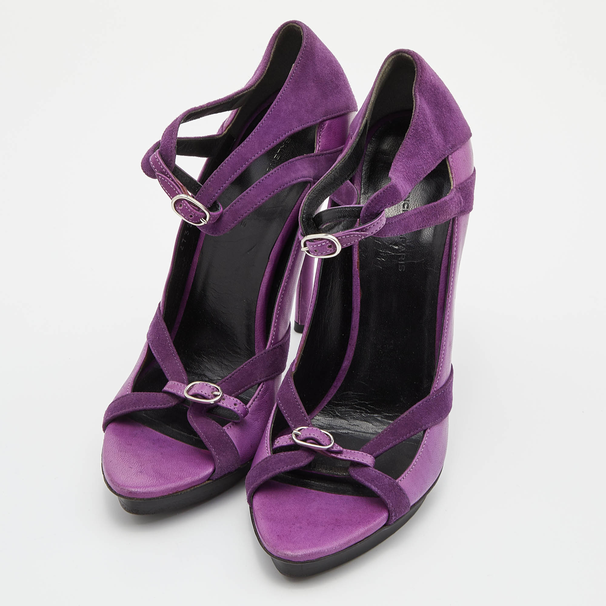 

Balenciaga Purple Leather and Suede Double Buckle Strap Platform Sandals Size