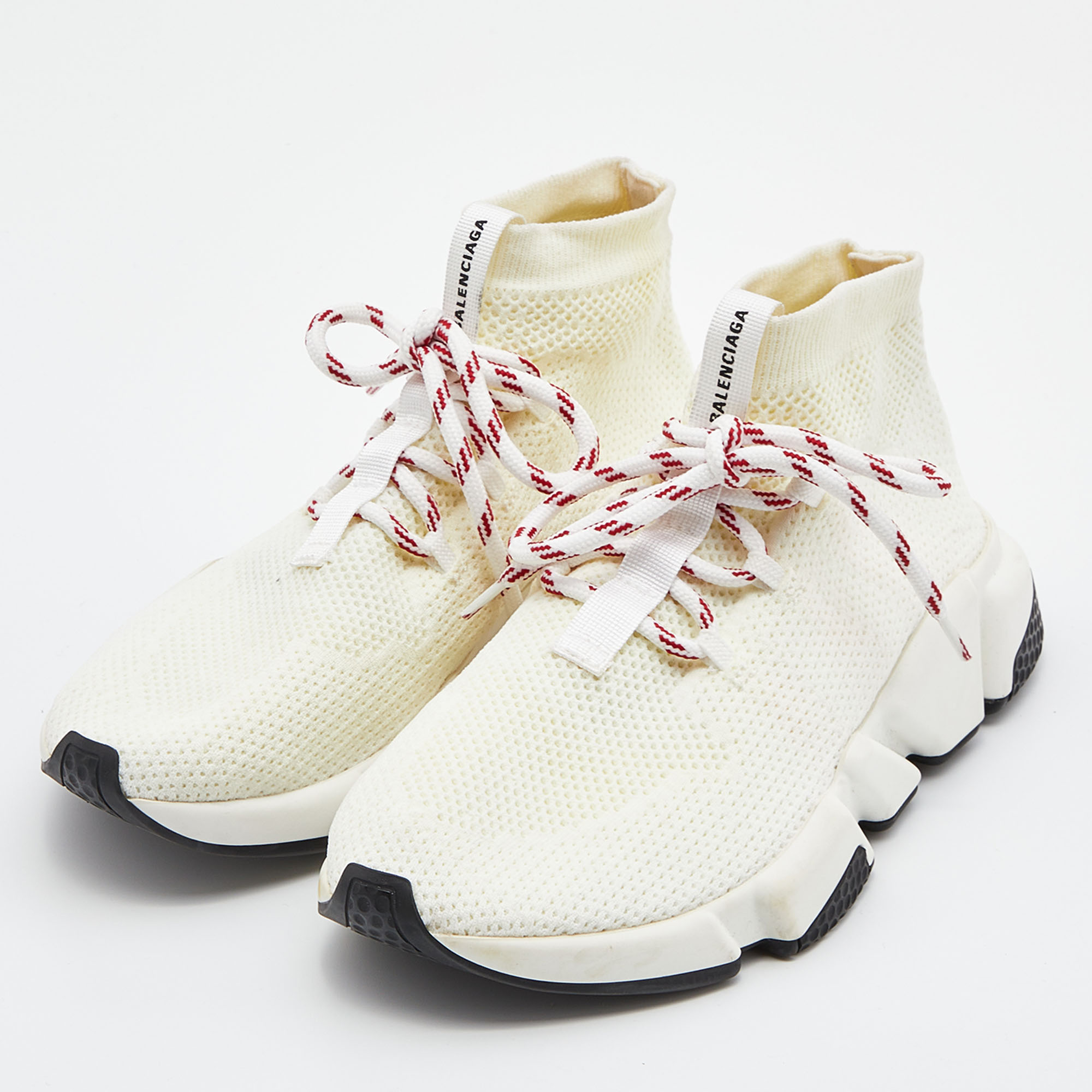 

Balenciaga Off White Knit Fabric Speed Lace Up High Top Sneakers Size
