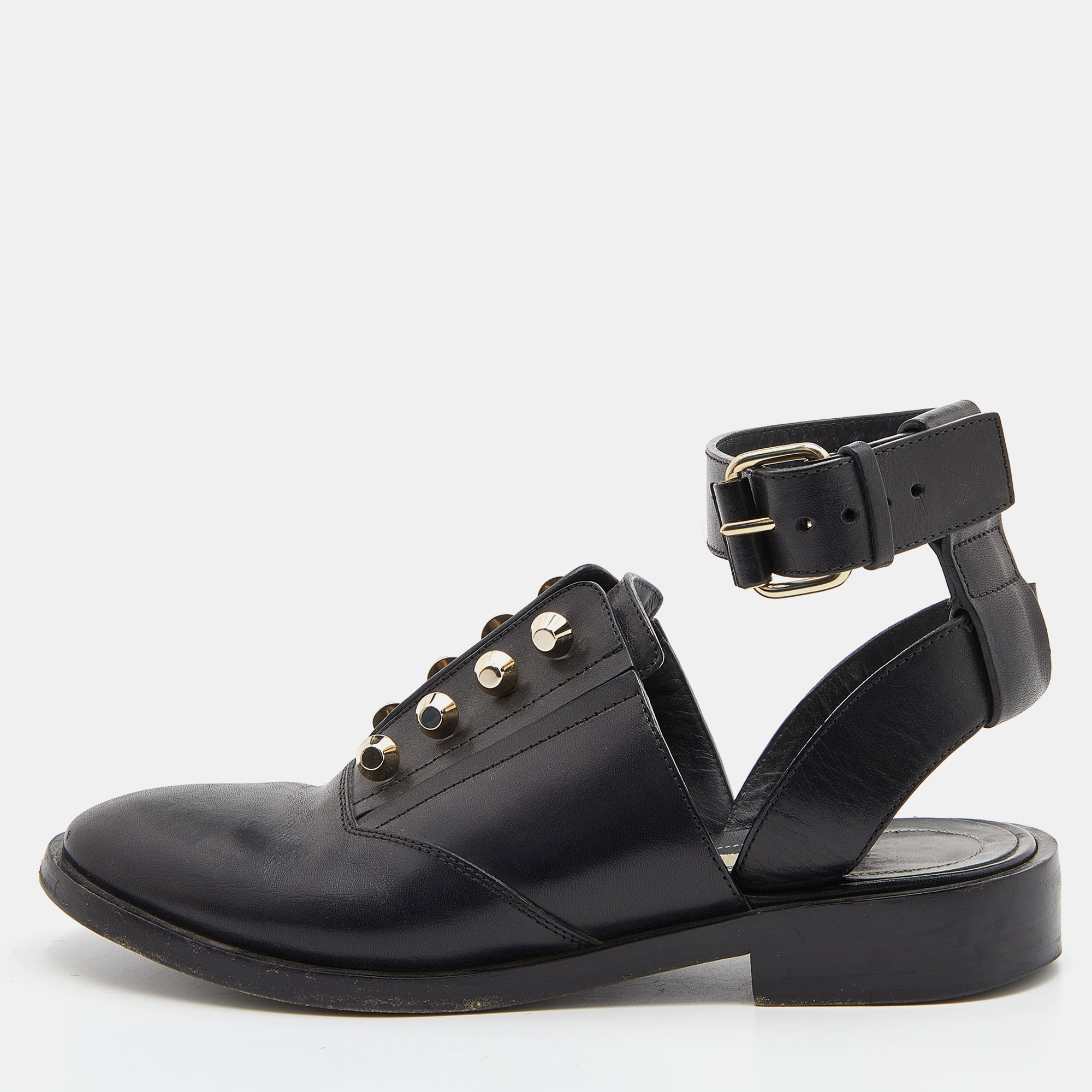 

Balenciaga Black Leather Stud Ankle Strap Flat Mules Size