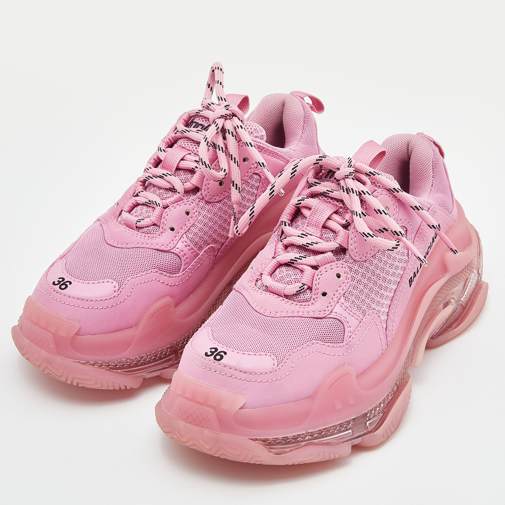 

Balenciaga Pink Nubuck and Mesh Triple S Clear Sneakers Size
