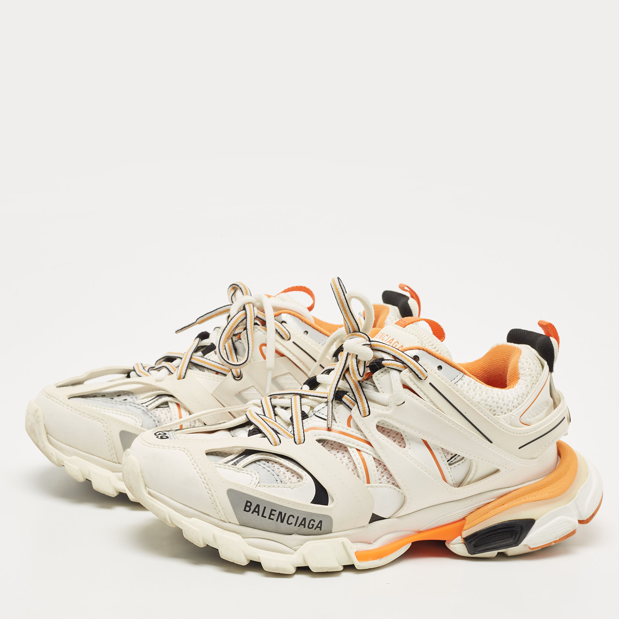 

Balenciaga Off White/Orange Leather and Mesh Track Sneakers Size