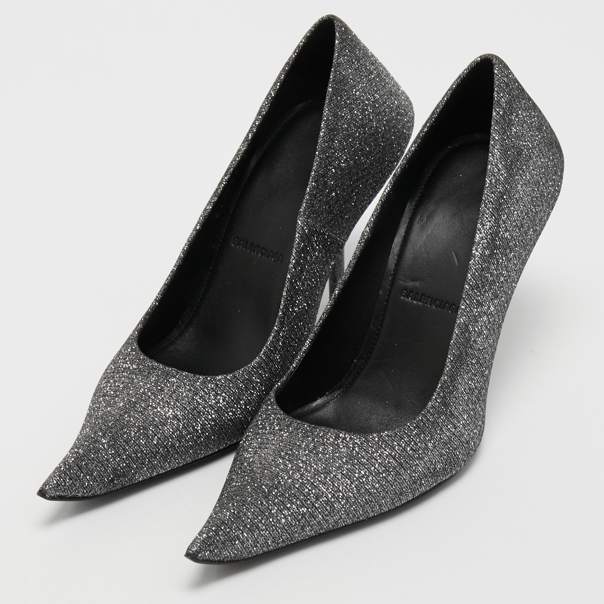 

Balenciaga Silver/Black Lurex Fabric Square Knife Pumps Size