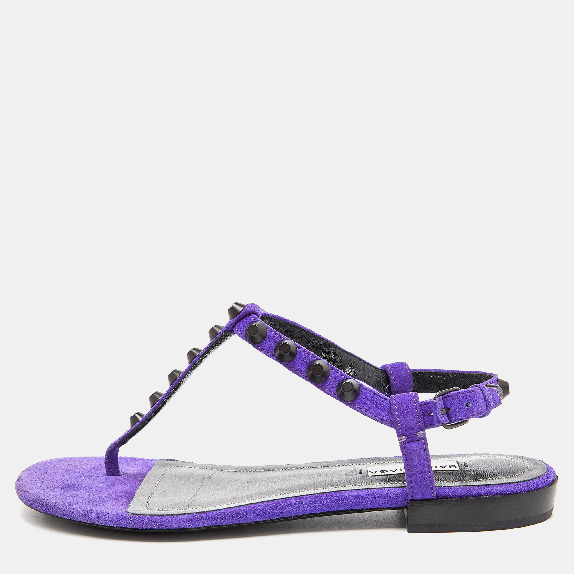 Pre-owned Balenciaga Purple Suede Arena Studded Thong Sandals Size 38.5