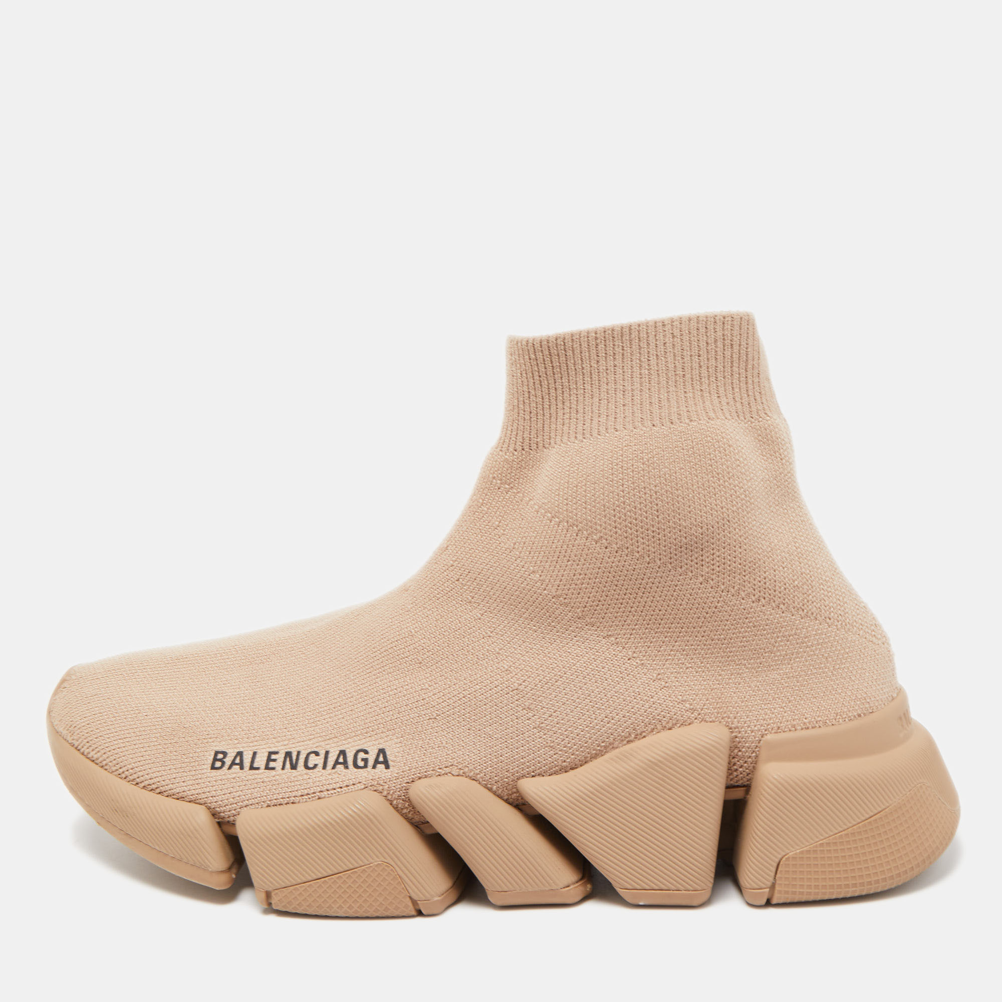 Pre-owned Balenciaga Brown Knit Fabric Speed Sneakers Size 35 In Beige