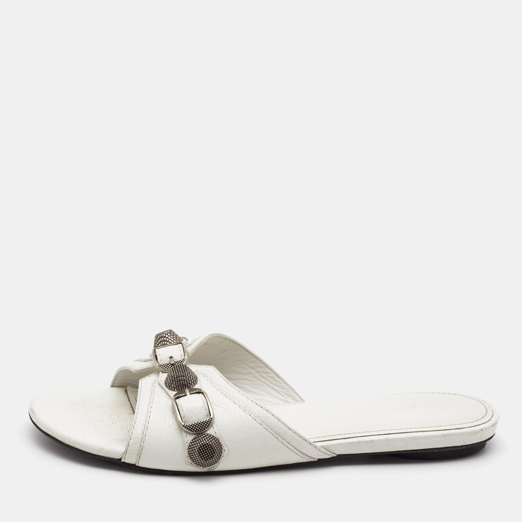 Pre-owned Balenciaga White Leather Cagole Flat Slides Size 36