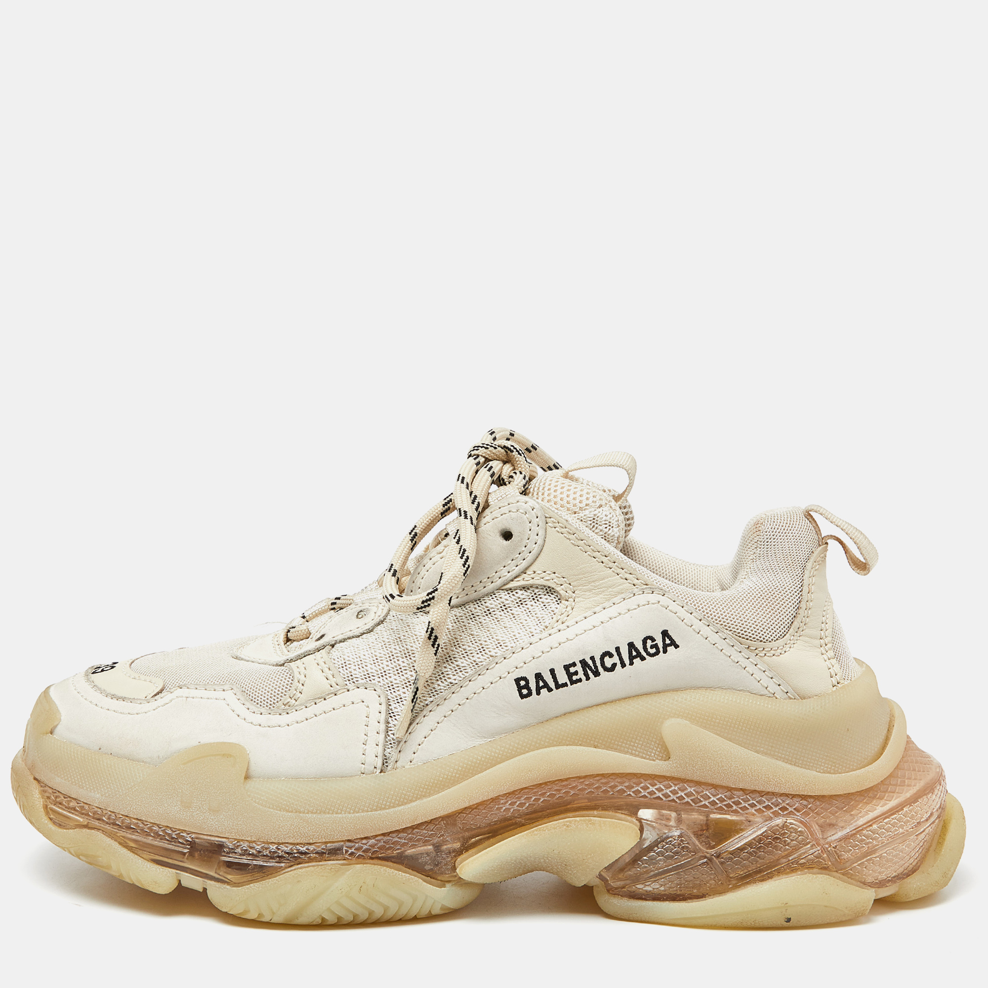 

Balenciaga Cream Leather and Mesh Triple S Clear Sole Sneakers Size