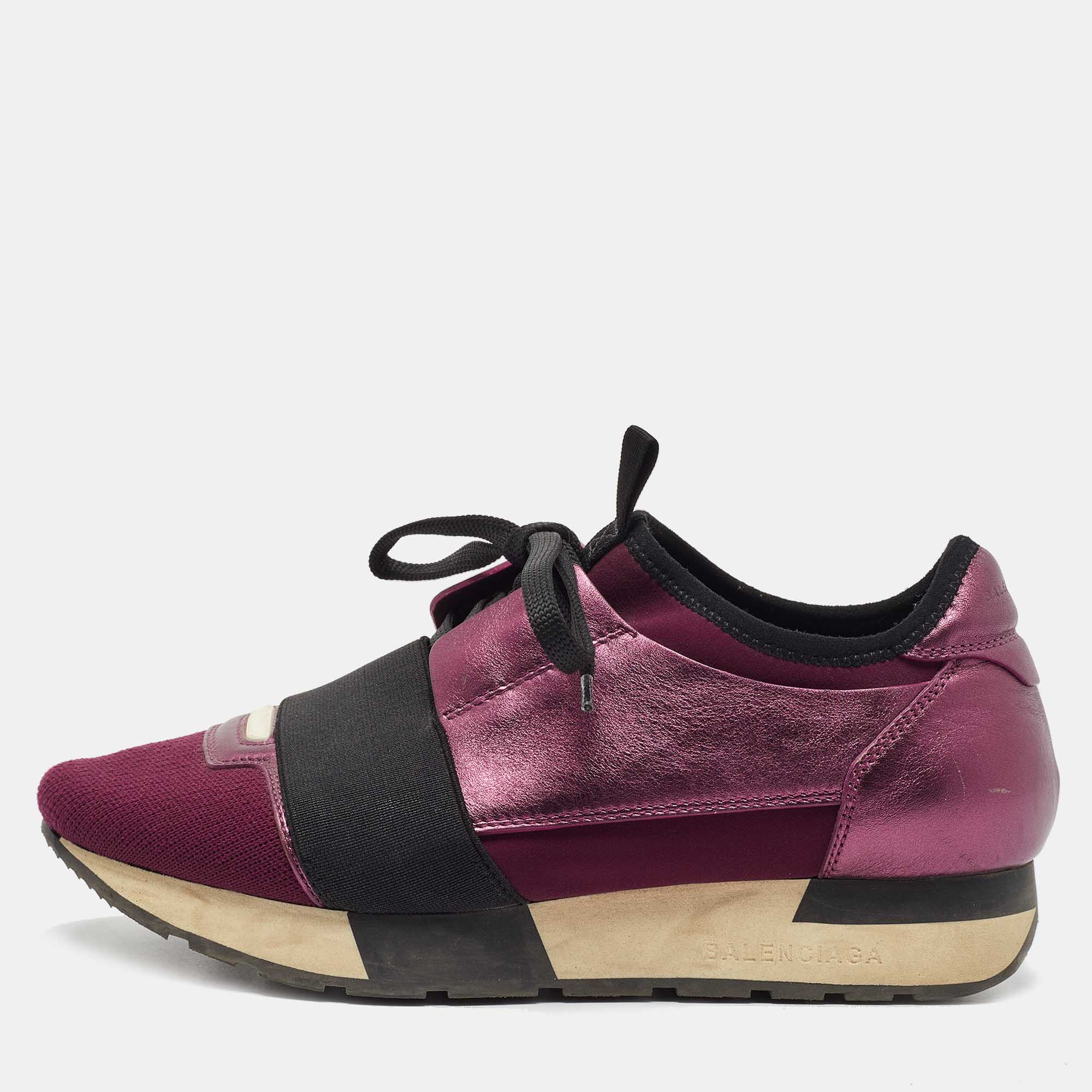 Pre-owned Balenciaga Banciaga Purple/black Leather And Fabric Race Runner Sneakers Size 36