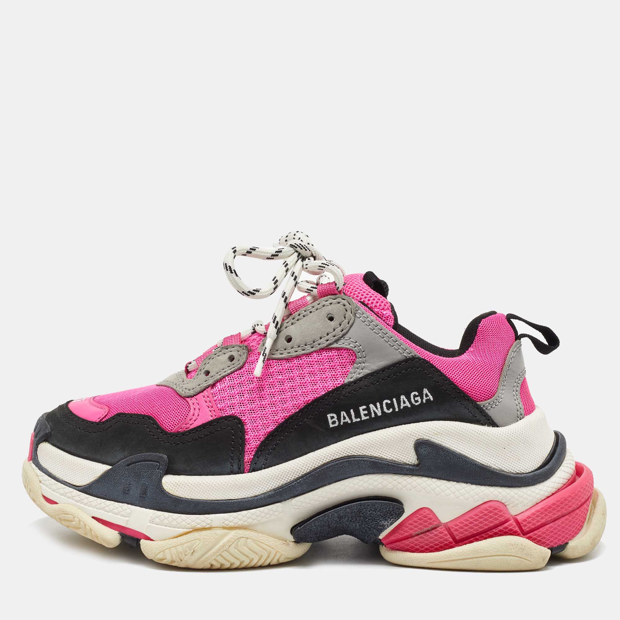 

Balenciaga Pink/Black Mesh and Leather Triple S Sneakers Size