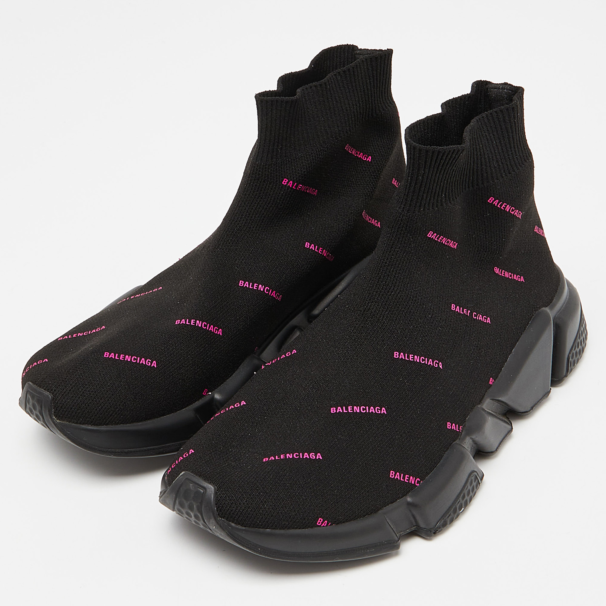 

Balenciaga Black/Pink Logo Print Knit Fabric Speed Trainer Sneakers Size