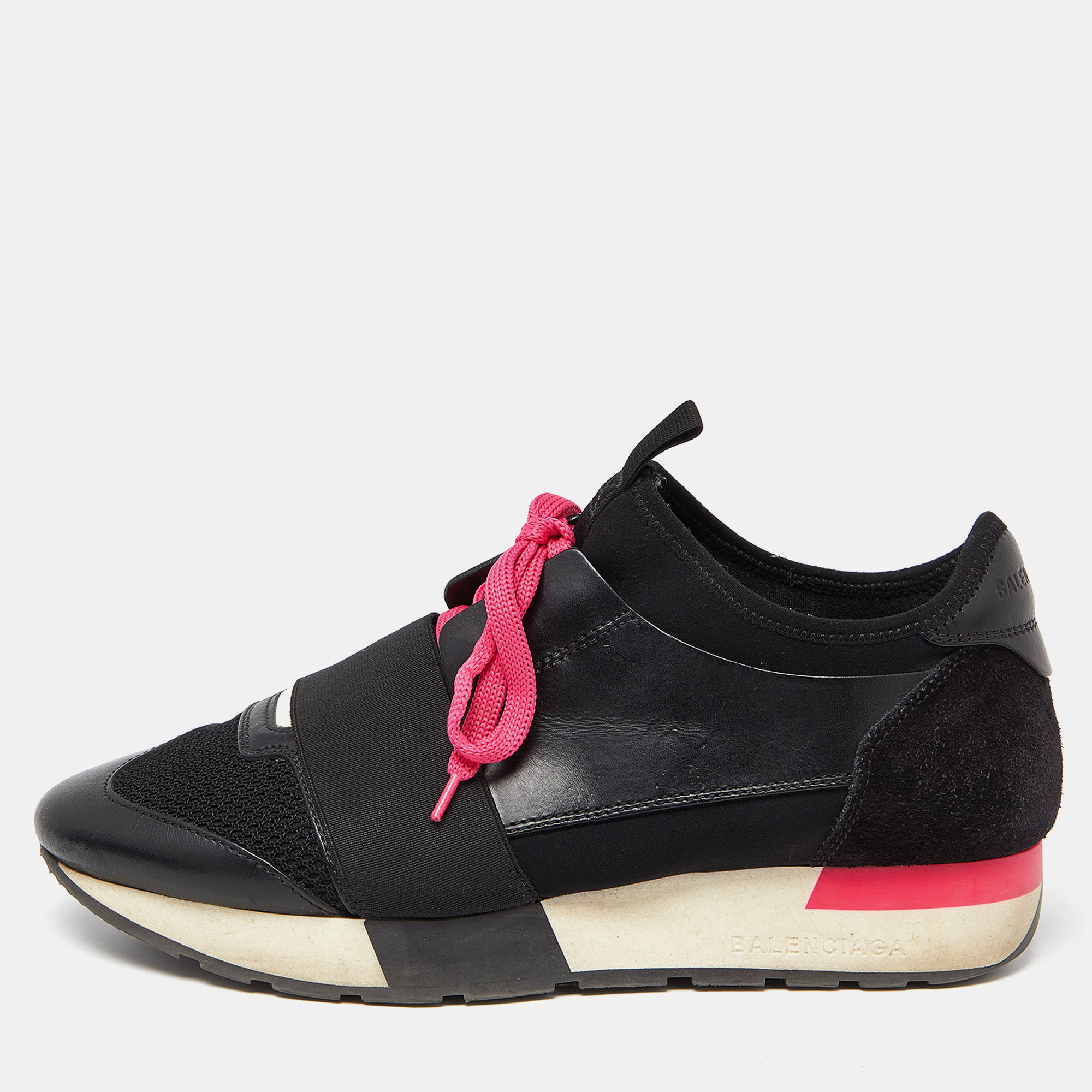 Pre-owned Balenciaga Black/pink Leather Suede And Mesh Race Runner Sneakers Size 37