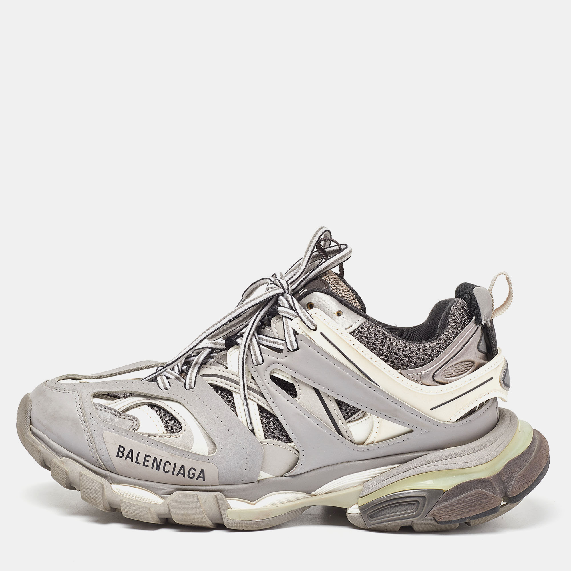 

Balenciaga Grey/White Faux Leather and Mesh Track Sneakers Size