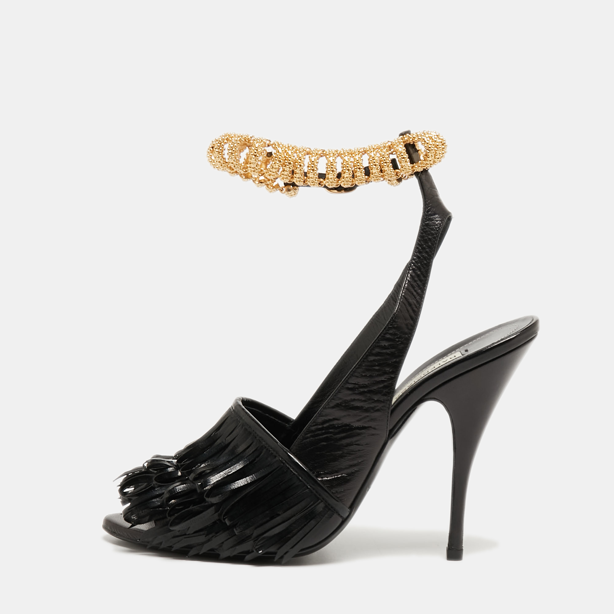

Balenciaga Black Fringe Leather Chain Detail Ankle Strap Sandals Size