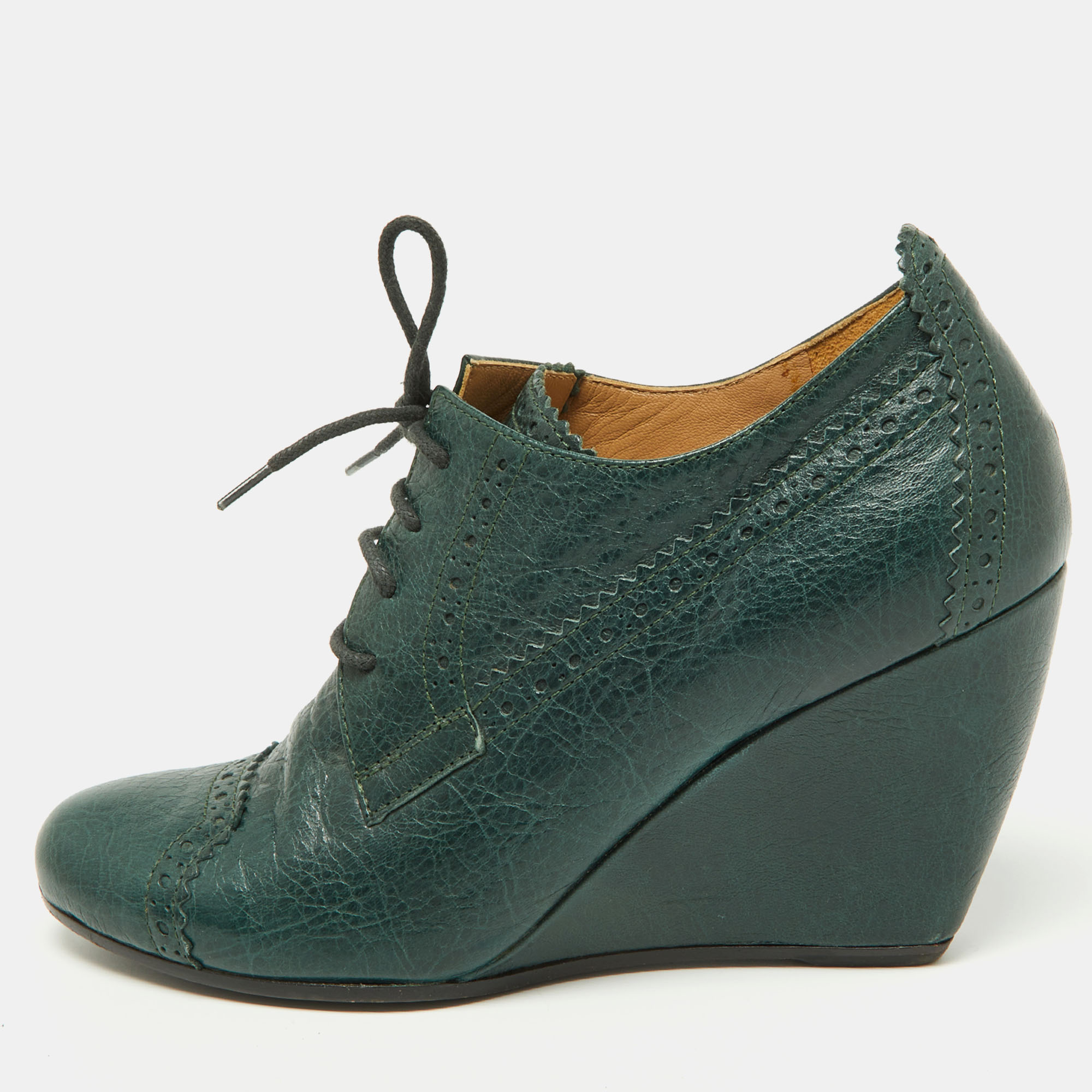 Pre-owned Balenciaga Green Brogue Leather Wedge Derby Size 37