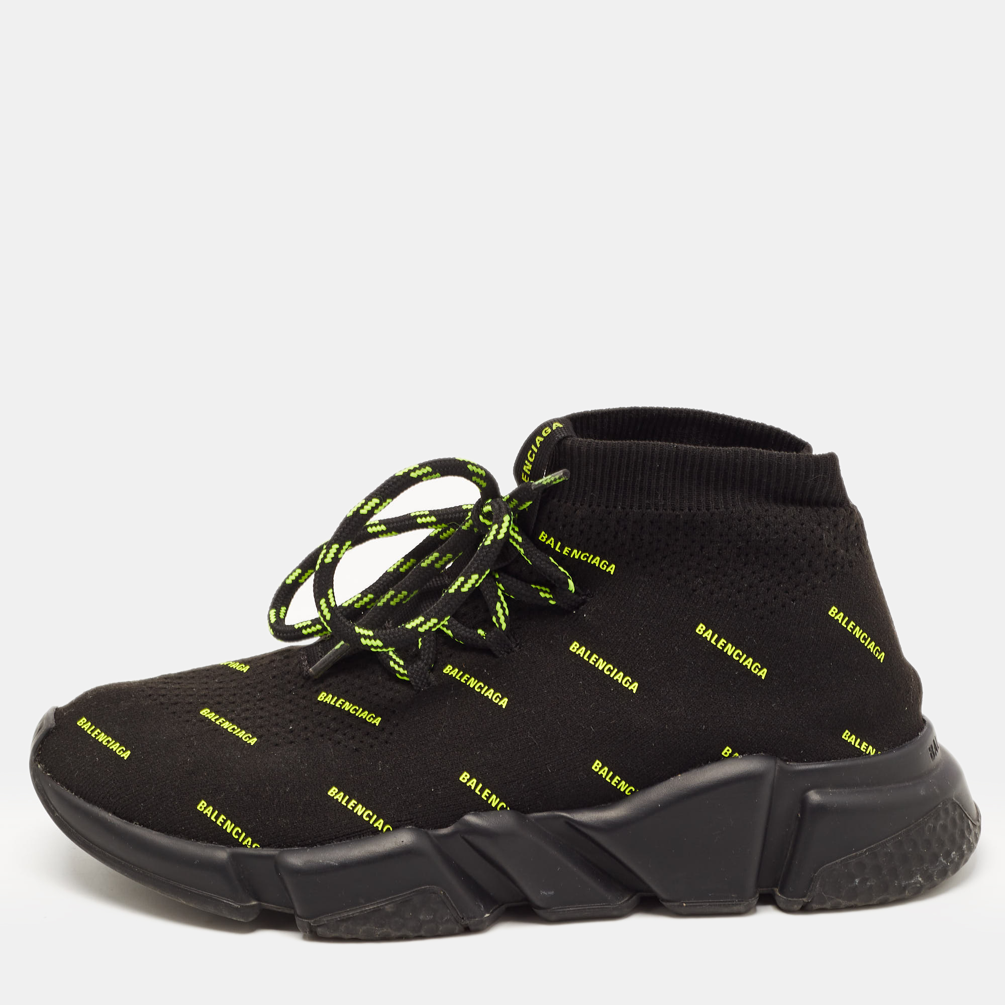 

Balenciaga Black/Neon Green Logo Print Knit Fabric Speed Trainer Sneakers Size