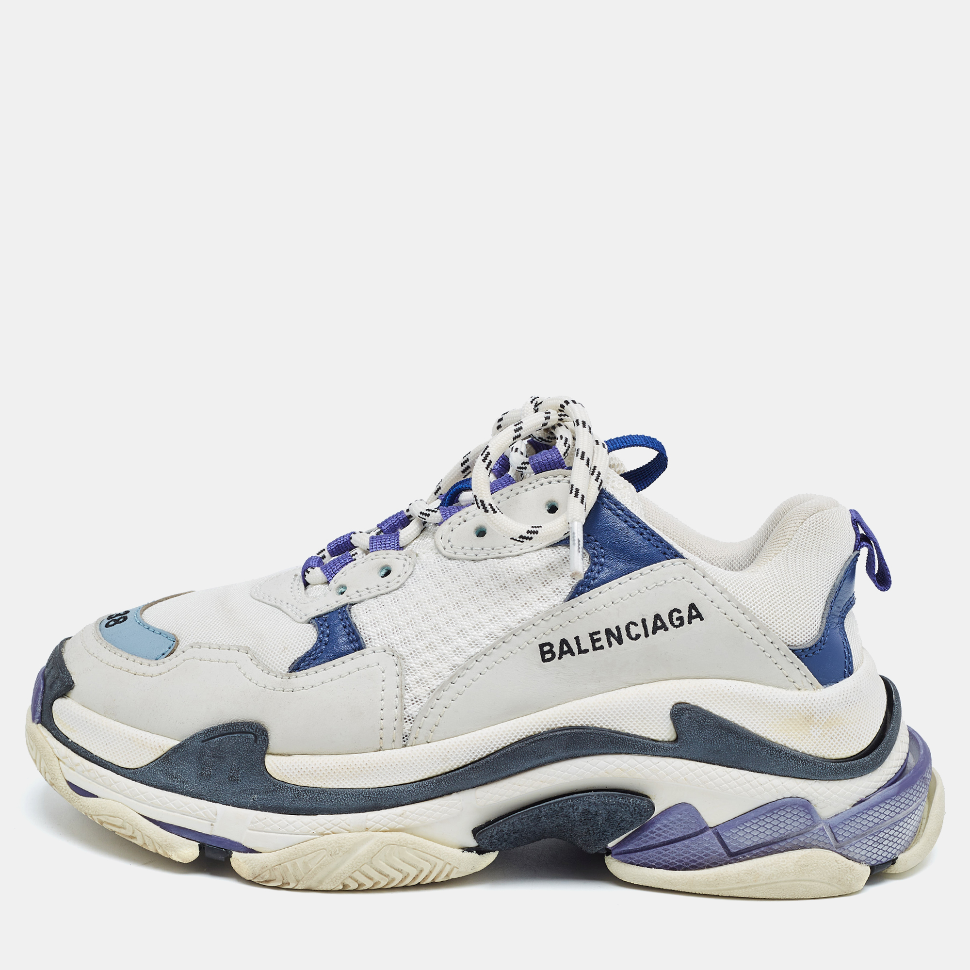 Pre-owned Balenciaga White/blue Nubuck Leather And Mesh Triple S Sneakers Size 38 In Multicolor