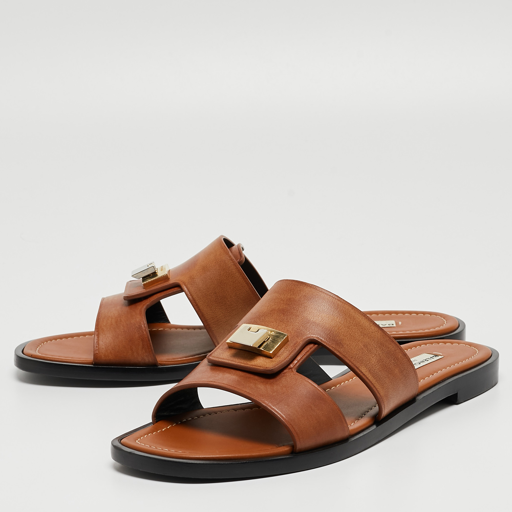 

Balenciaga Brown Leather Flip Lock Flat Slides Size