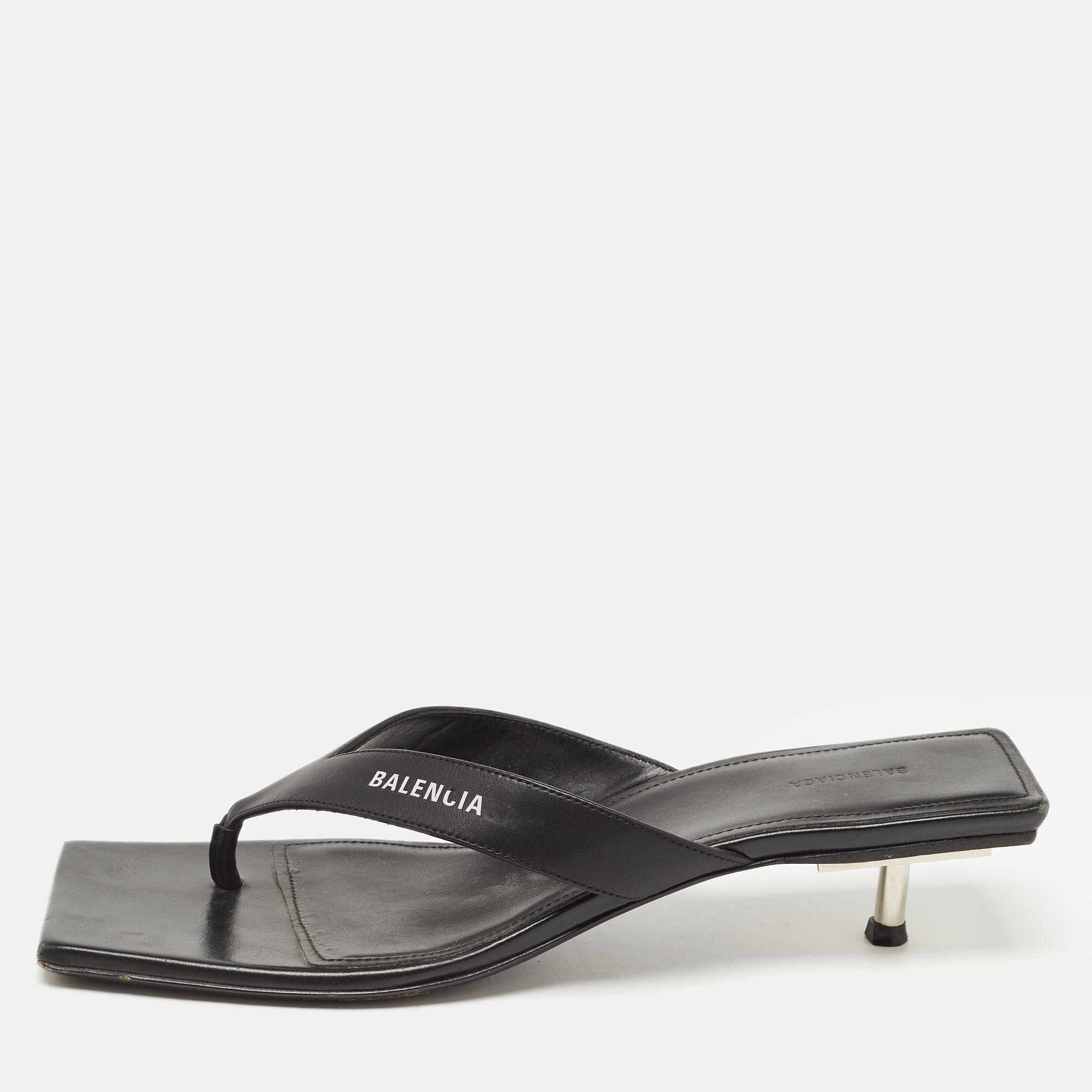 

Balenciaga Black Leather Square Toe Thong Slide Sandals Size