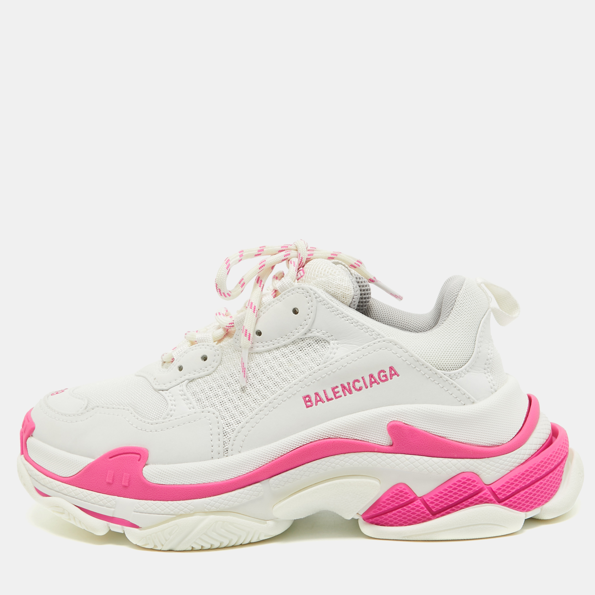 

Balenciaga White/Pink Faux Leather and Mesh Triple S Sneakers Size
