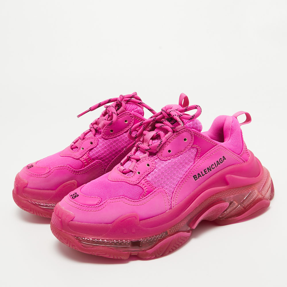 

Balenciaga Pink Nubuck Leather and Mesh Triple S Clear Sole Sneakers Size