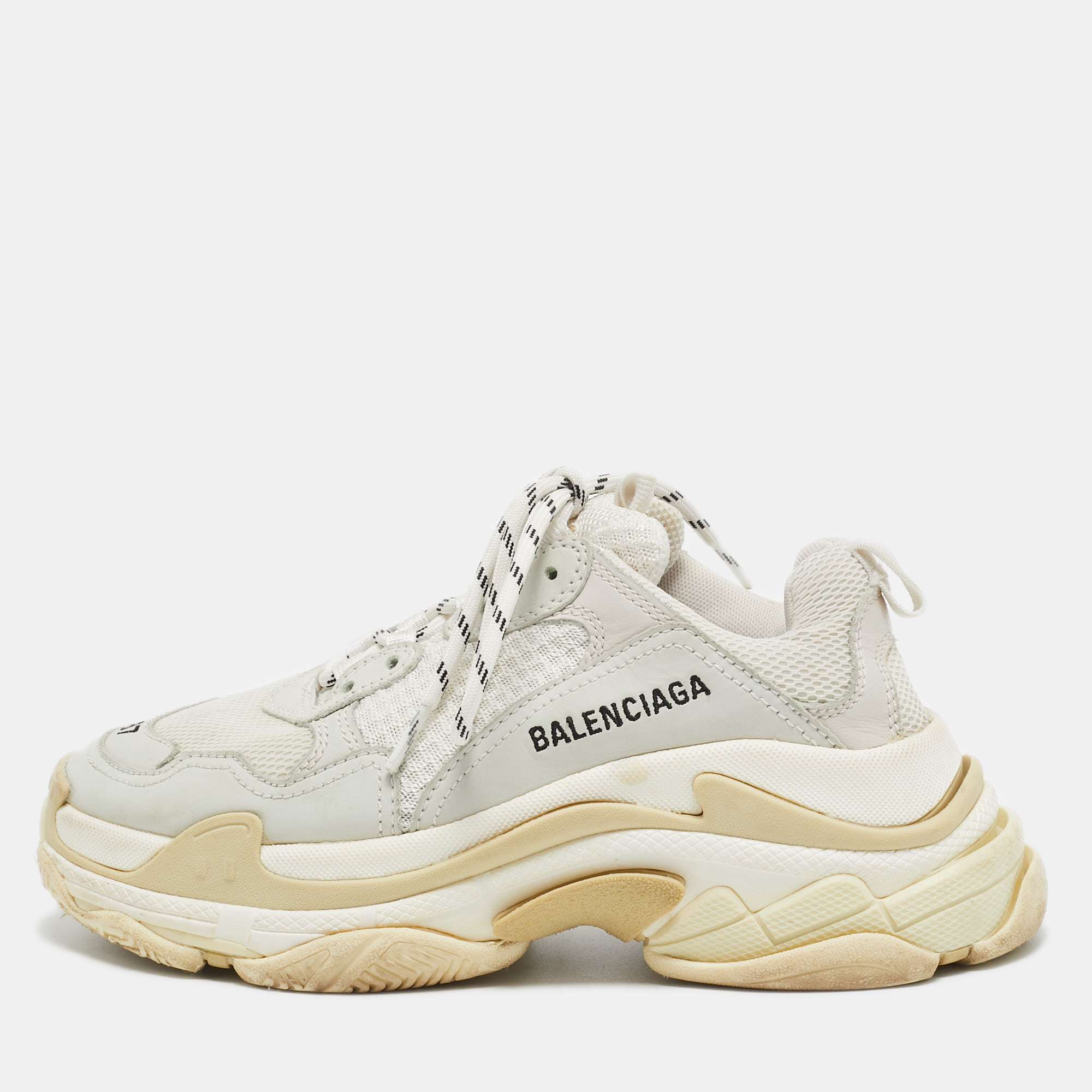 Pre-owned Balenciaga White/grey Mesh And Leather Triple S Trainers Size 37