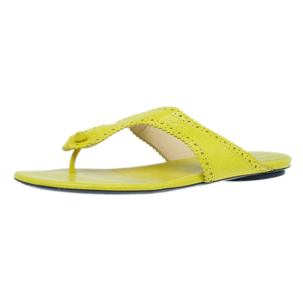 Pre Owned Balenciaga Yellow Leather Brogue Thong Sandals Size 40