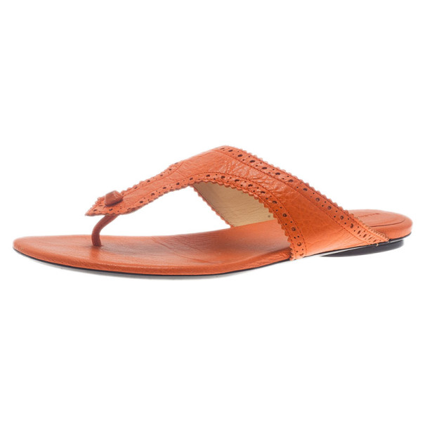 Pre Owned Balenciaga Orange Leather Brogue Thong Sandals Size 39.5