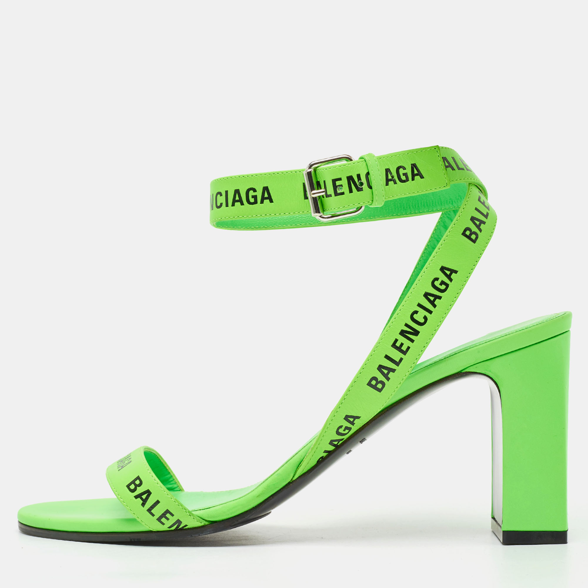 

Balenciaga Neon Green Leather Allover Logo Ankle Strap Sandals Size