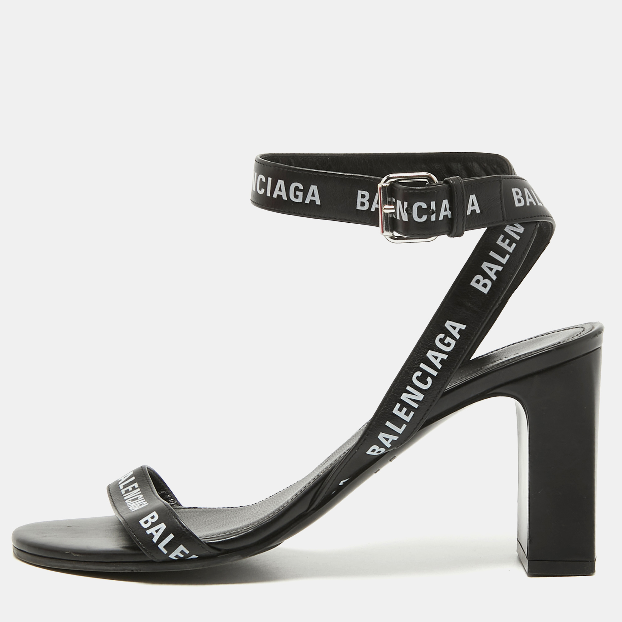 Pre-owned Balenciaga Black Logo Print Leather Ankle Strap Sandals Size 38