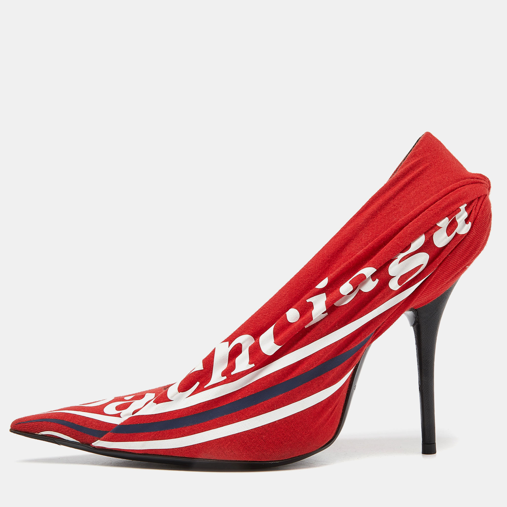 

Balenciaga Red Fabric And Leather Knife Logo Pointed Toe Pumps Size