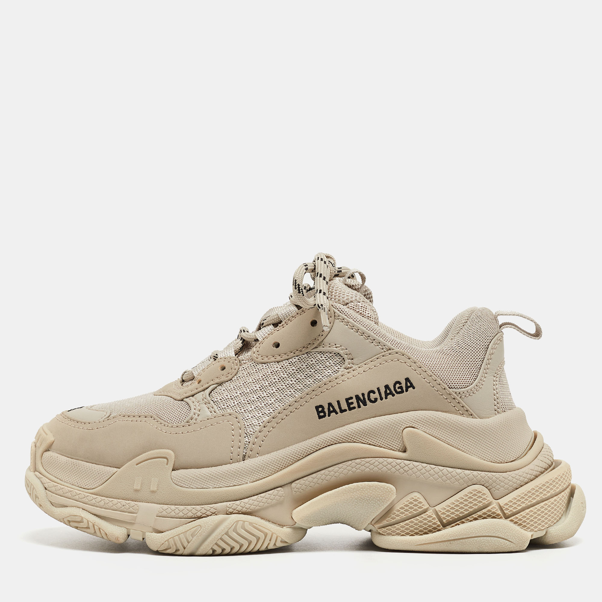 Pre-owned Balenciaga Beige Faux Leather And Mesh Triple S Sneakers Size 36